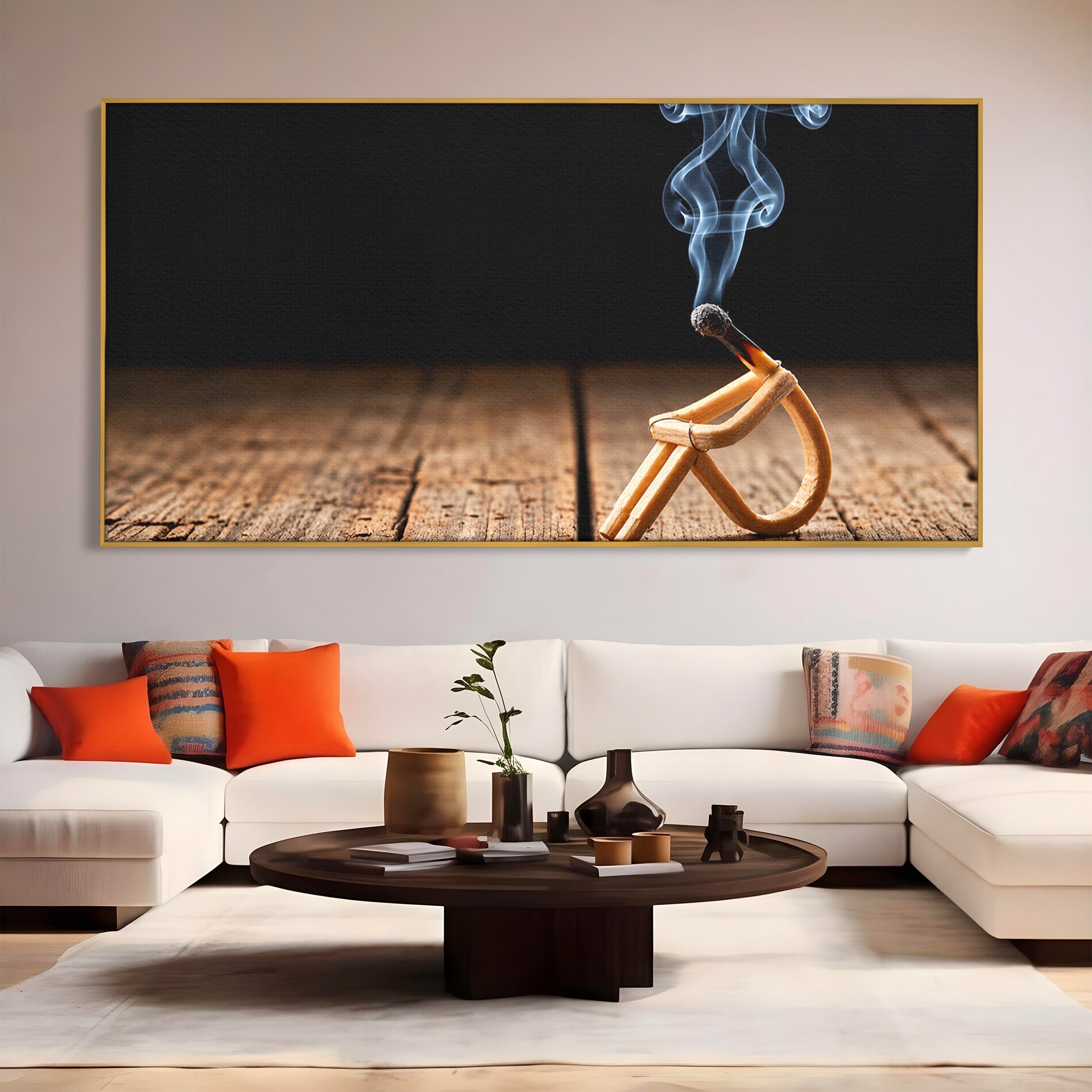 Tablou Canvas Premium LuxCanva® U1016, Chibrit Fumegand Artistic, Fum, Minimalist, Arta Moderna, Chibrit, Birou, Culori Vibrante