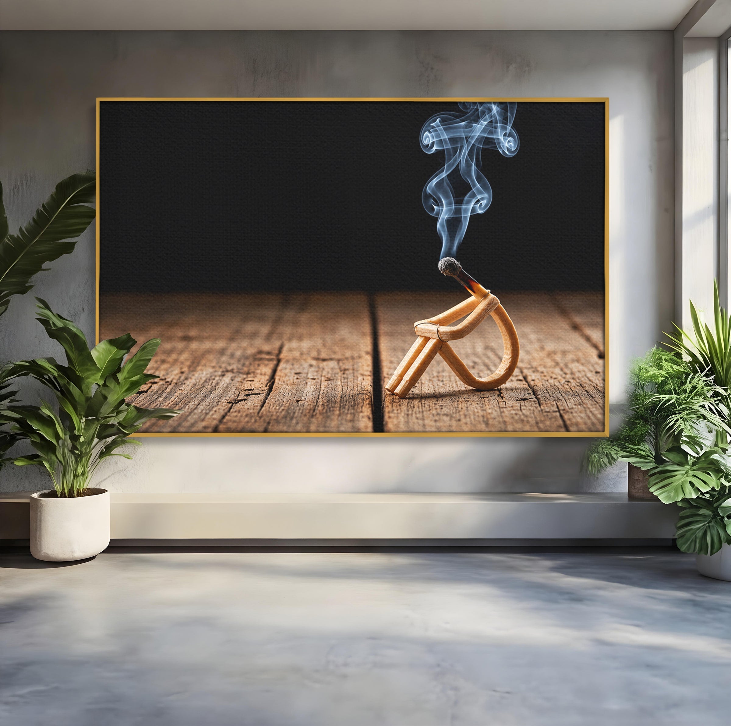Tablou Canvas Premium LuxCanva® U1016, Chibrit Fumegand Artistic, Fum, Minimalist, Arta Moderna, Chibrit, Birou, Culori Vibrante
