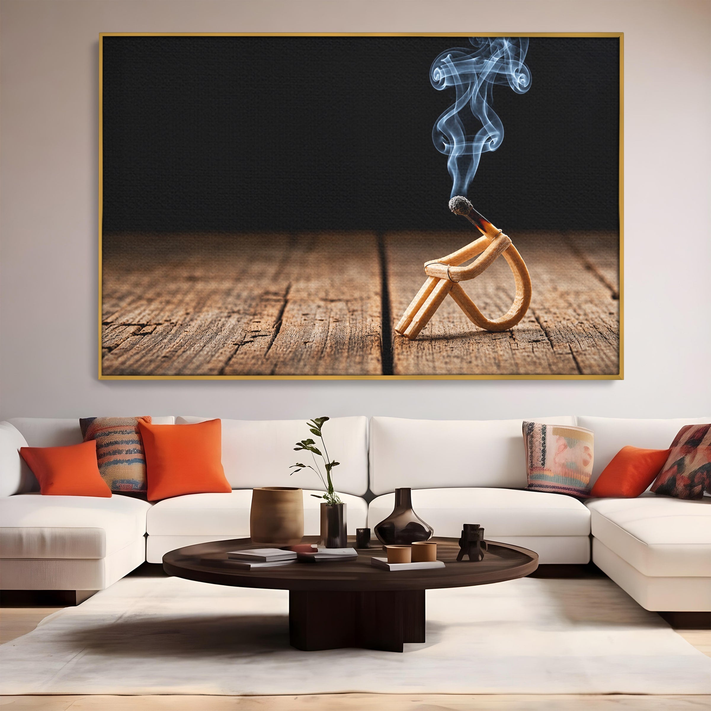Tablou Canvas Premium LuxCanva® U1016, Chibrit Fumegand Artistic, Fum, Minimalist, Arta Moderna, Chibrit, Birou, Culori Vibrante