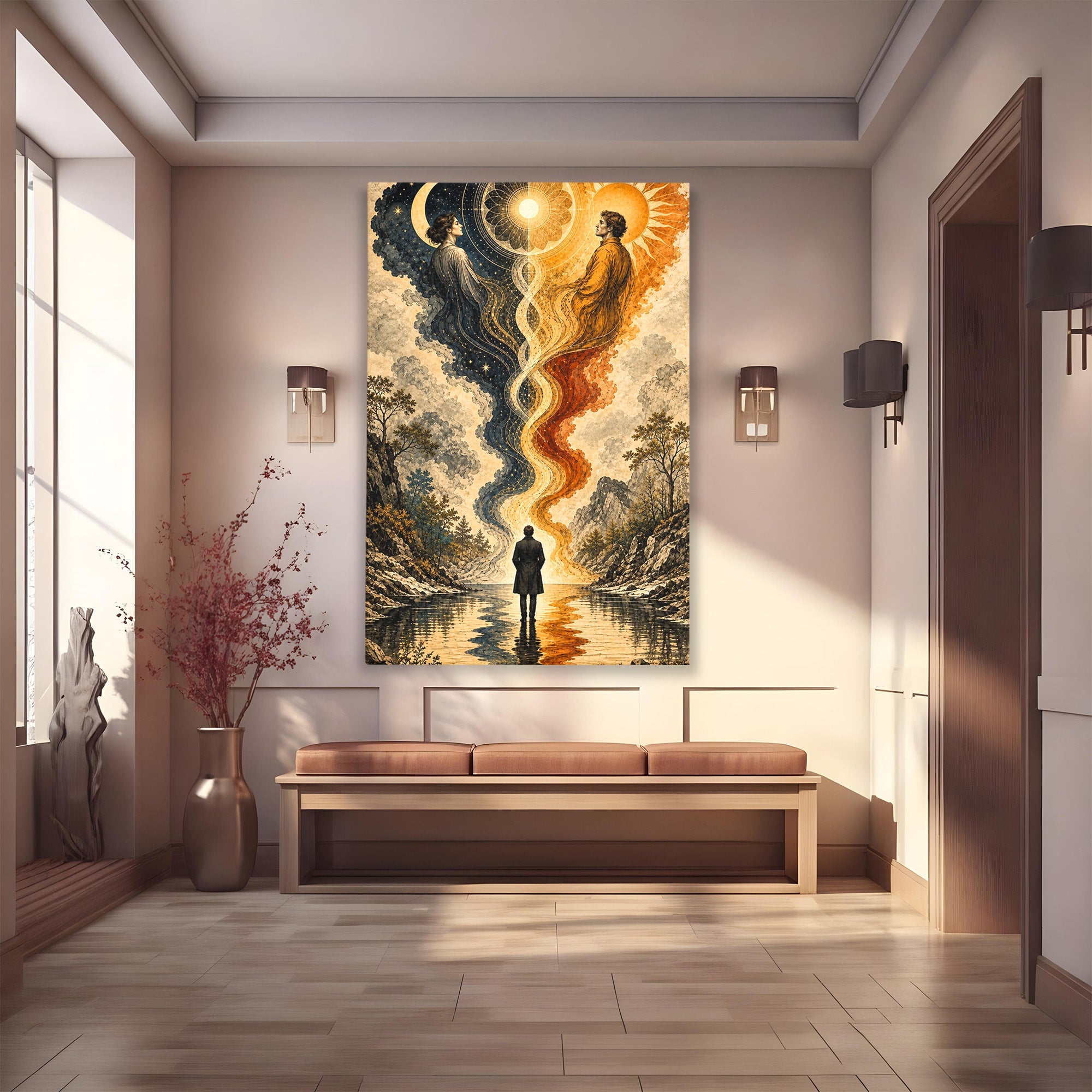 Tablou Canvas Premium LuxCanva® U1020, Intalnirea Dualitatii, Cosmos, Reflexie, Meditatie, Dualitate, Living, Culori Vibrante