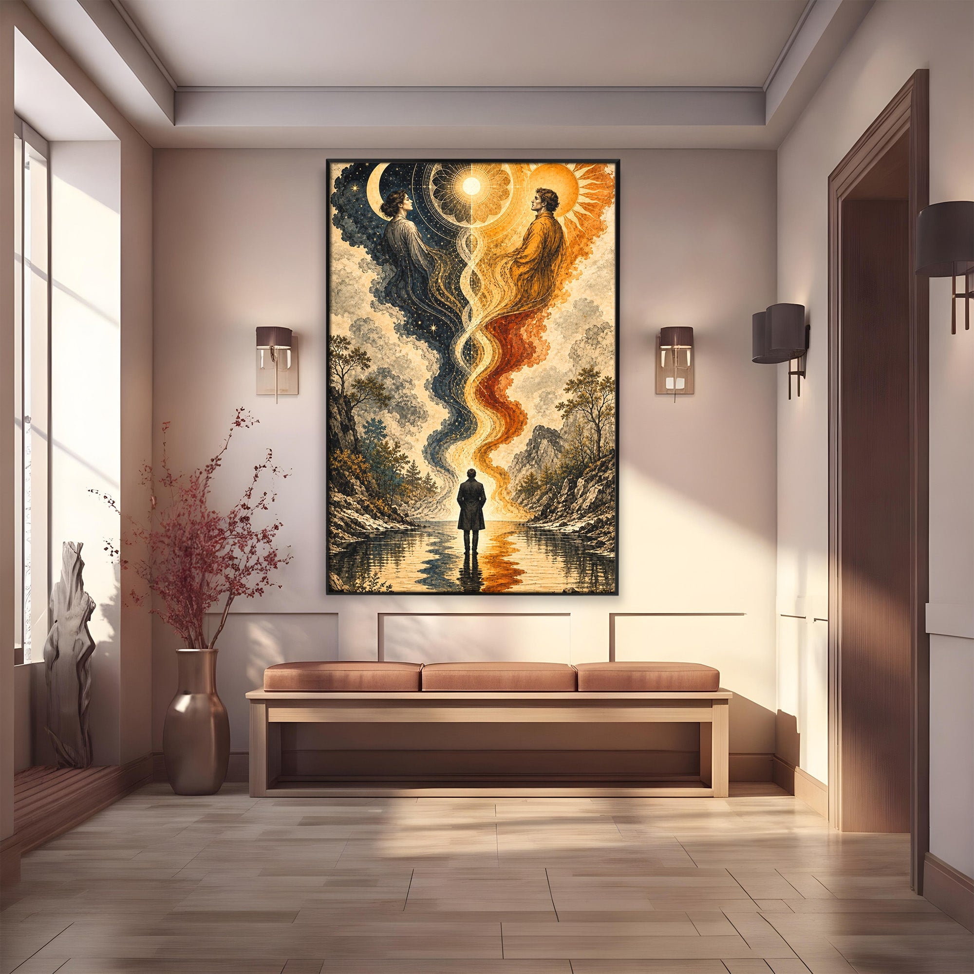 Tablou Canvas Premium LuxCanva® U1020, Intalnirea Dualitatii, Cosmos, Reflexie, Meditatie, Dualitate, Living, Culori Vibrante