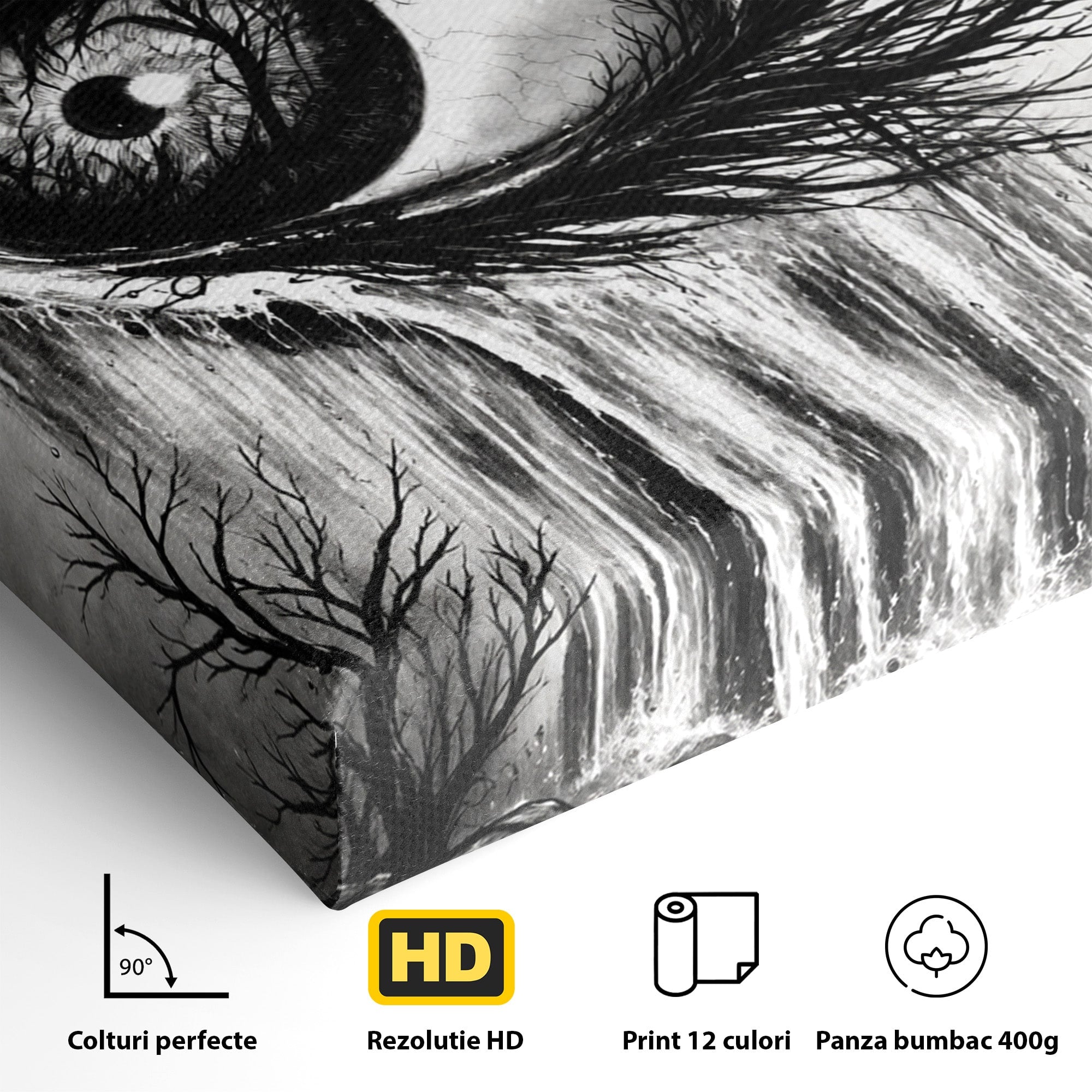 Tablou Canvas Premium LuxCanva® U1021, Privirea Elementelor, Ochi, Copaci, Cascada, Pasari, Living, Culori Vibrante