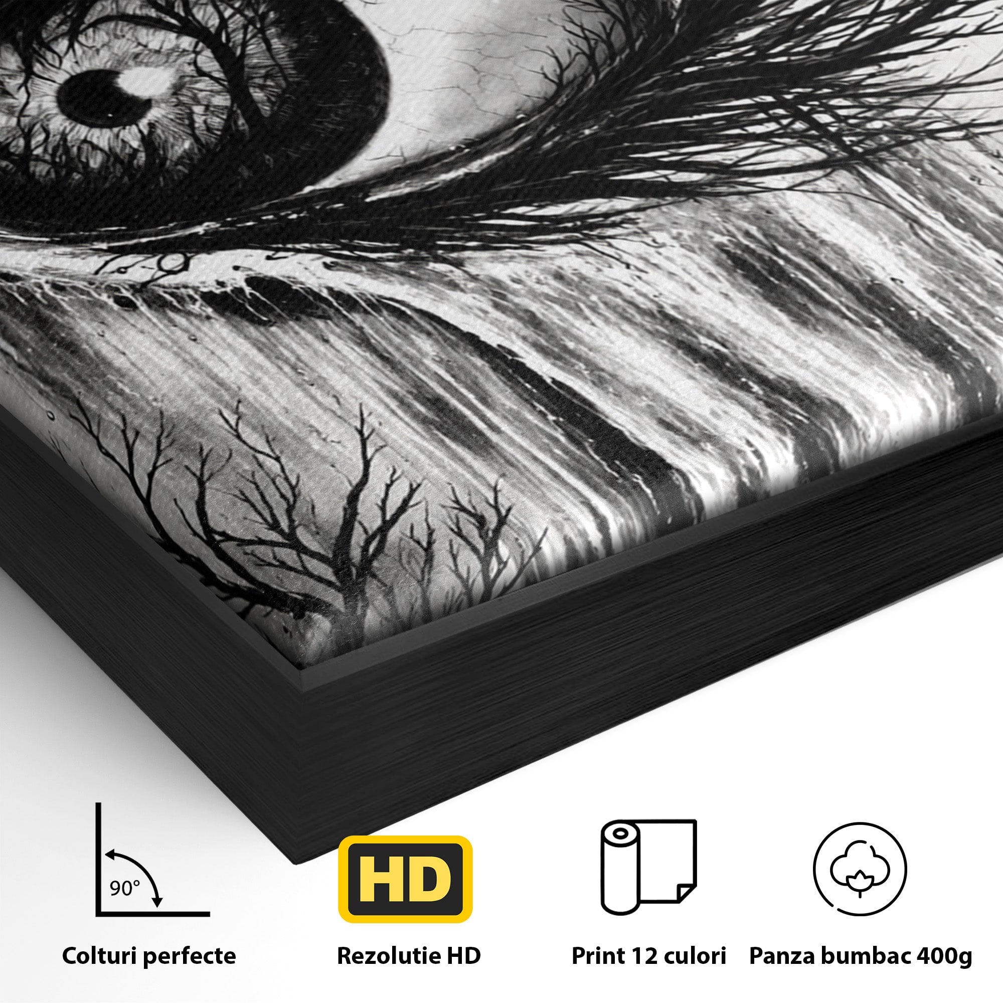 Tablou Canvas Premium LuxCanva® U1021, Privirea Elementelor, Ochi, Copaci, Cascada, Pasari, Living, Culori Vibrante