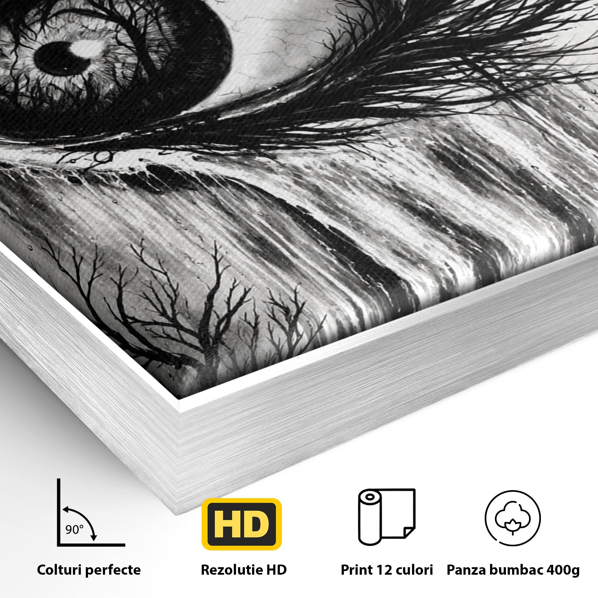Tablou Canvas Premium LuxCanva® U1021, Privirea Elementelor, Ochi, Copaci, Cascada, Pasari, Living, Culori Vibrante