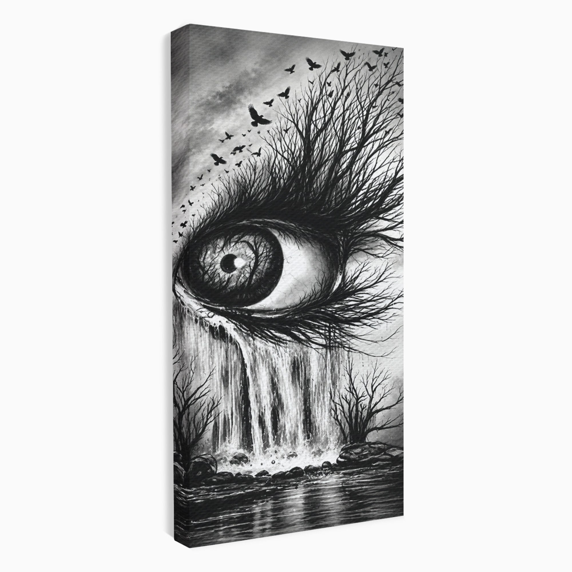 Tablou Canvas Premium LuxCanva® U1021, Privirea Elementelor, Ochi, Copaci, Cascada, Pasari, Living, Culori Vibrante