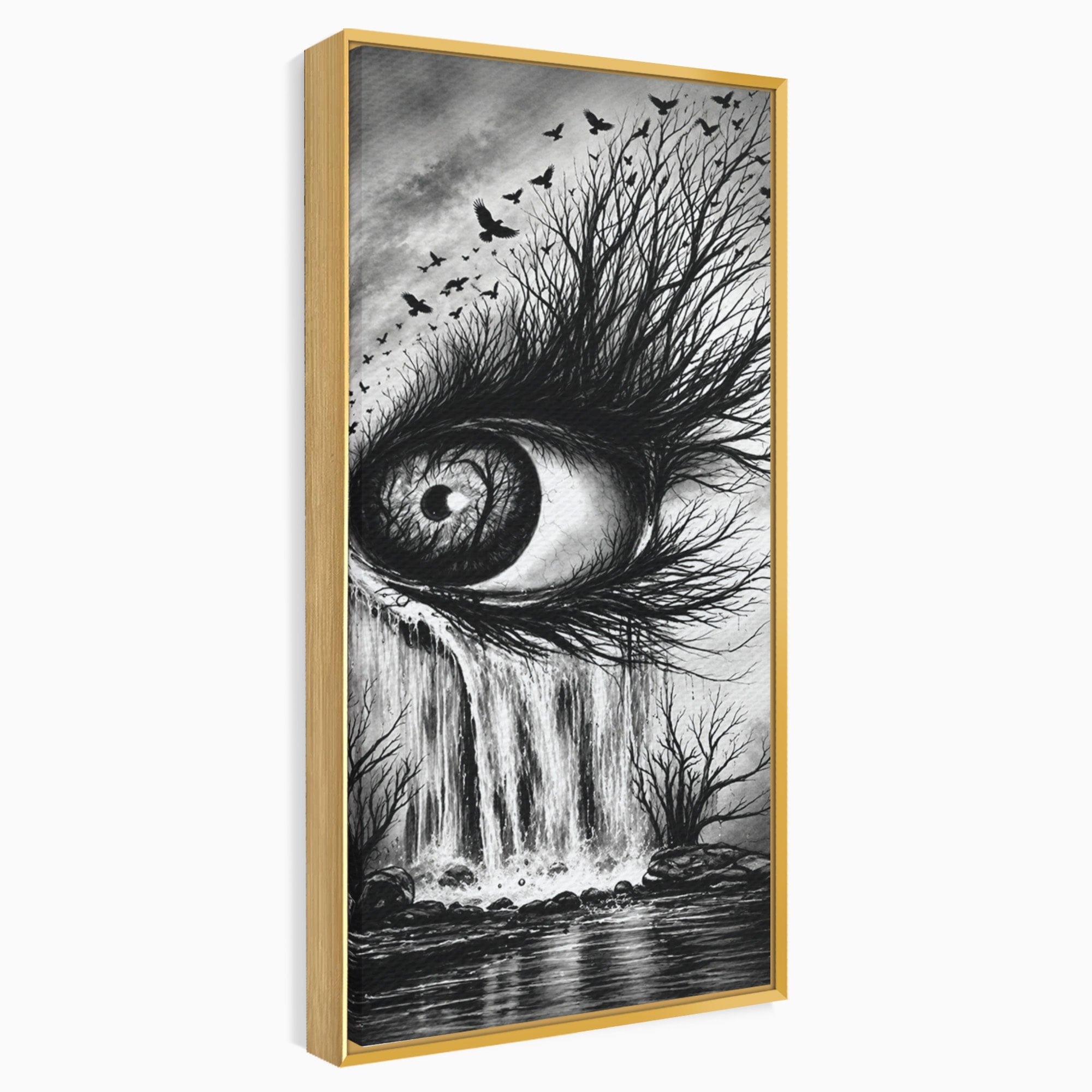 Tablou Canvas Premium LuxCanva® U1021, Privirea Elementelor, Ochi, Copaci, Cascada, Pasari, Living, Culori Vibrante