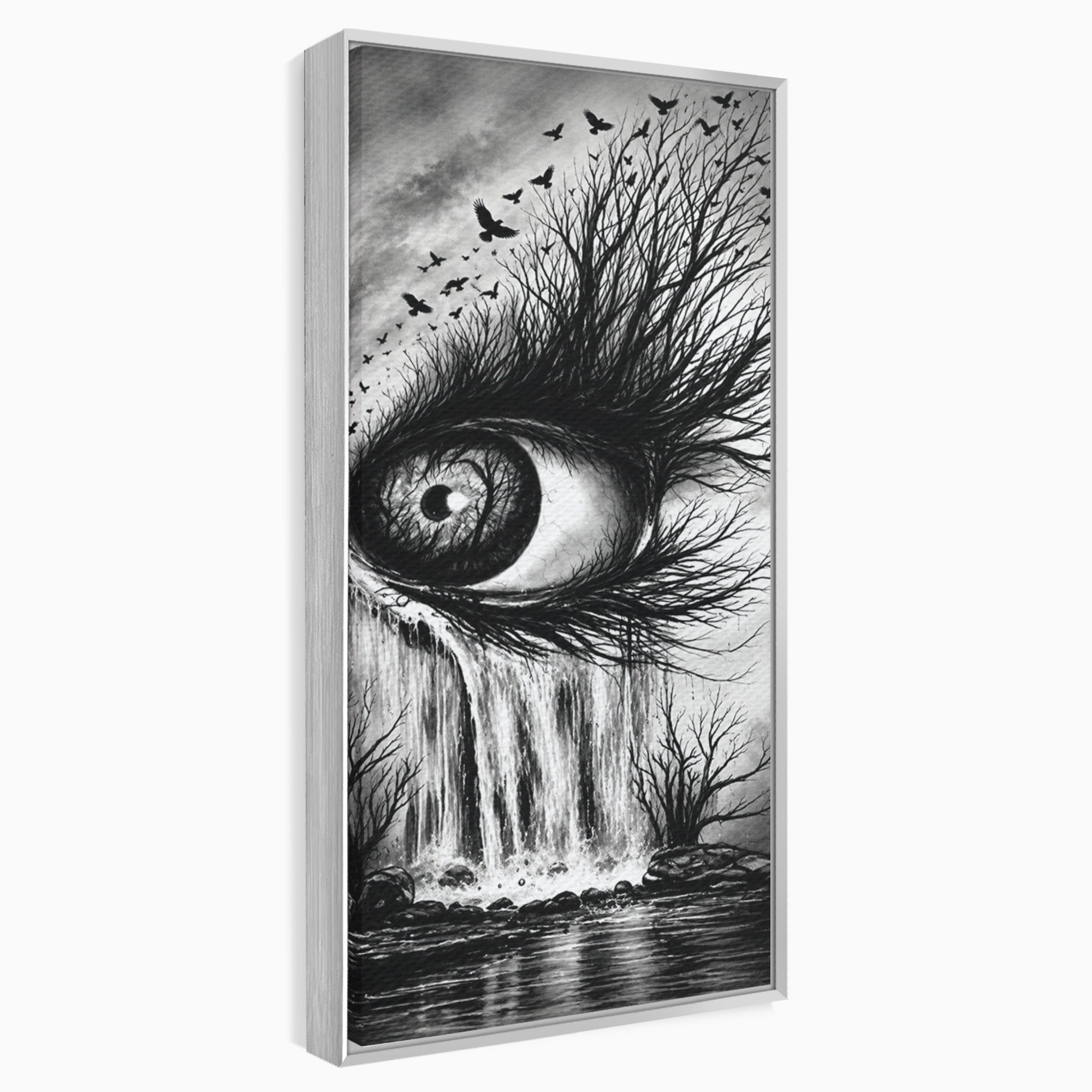 Tablou Canvas Premium LuxCanva® U1021, Privirea Elementelor, Ochi, Copaci, Cascada, Pasari, Living, Culori Vibrante