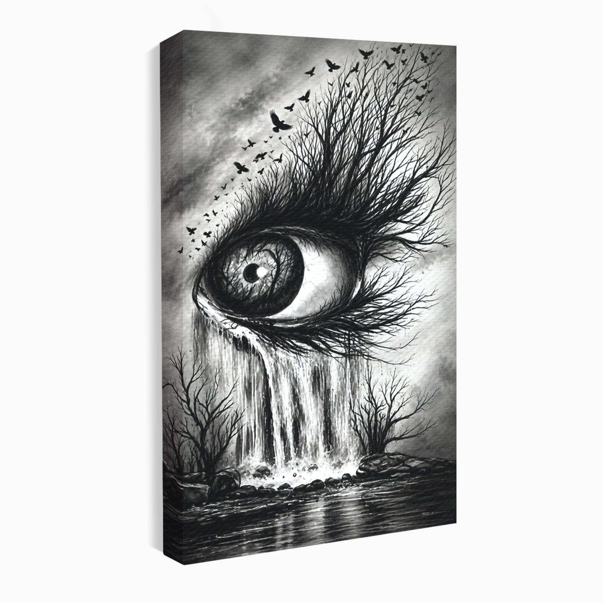 Tablou Canvas Premium LuxCanva® U1021, Privirea Elementelor, Ochi, Copaci, Cascada, Pasari, Living, Culori Vibrante