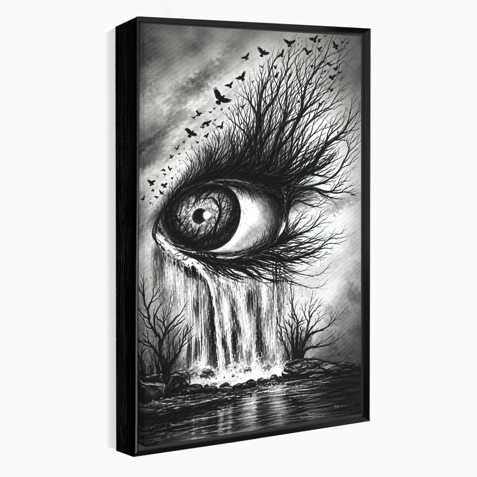Tablou Canvas Premium LuxCanva® U1021, Privirea Elementelor, Ochi, Copaci, Cascada, Pasari, Living, Culori Vibrante