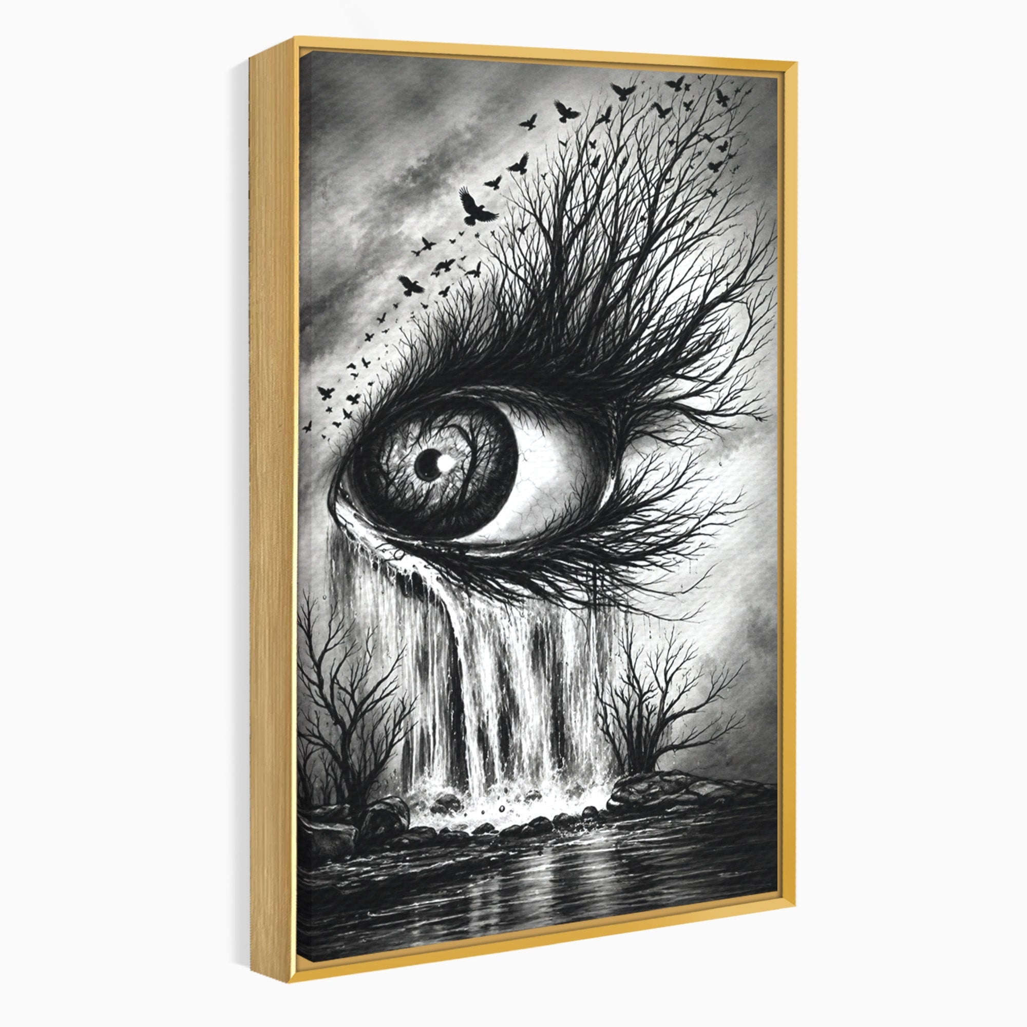 Tablou Canvas Premium LuxCanva® U1021, Privirea Elementelor, Ochi, Copaci, Cascada, Pasari, Living, Culori Vibrante