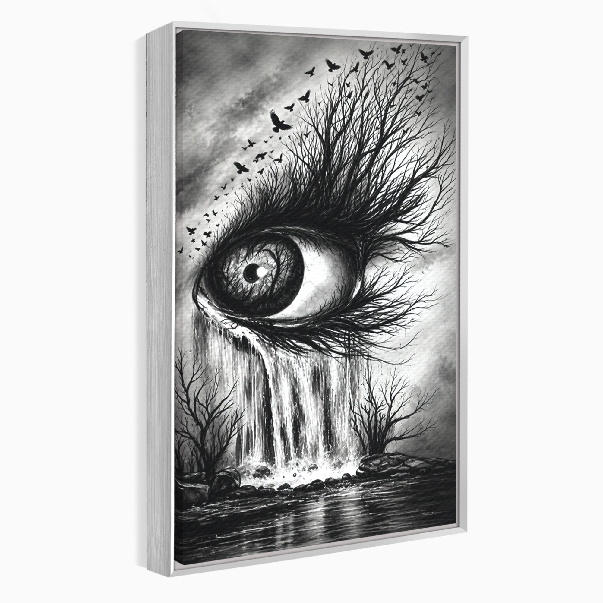 Tablou Canvas Premium LuxCanva® U1021, Privirea Elementelor, Ochi, Copaci, Cascada, Pasari, Living, Culori Vibrante