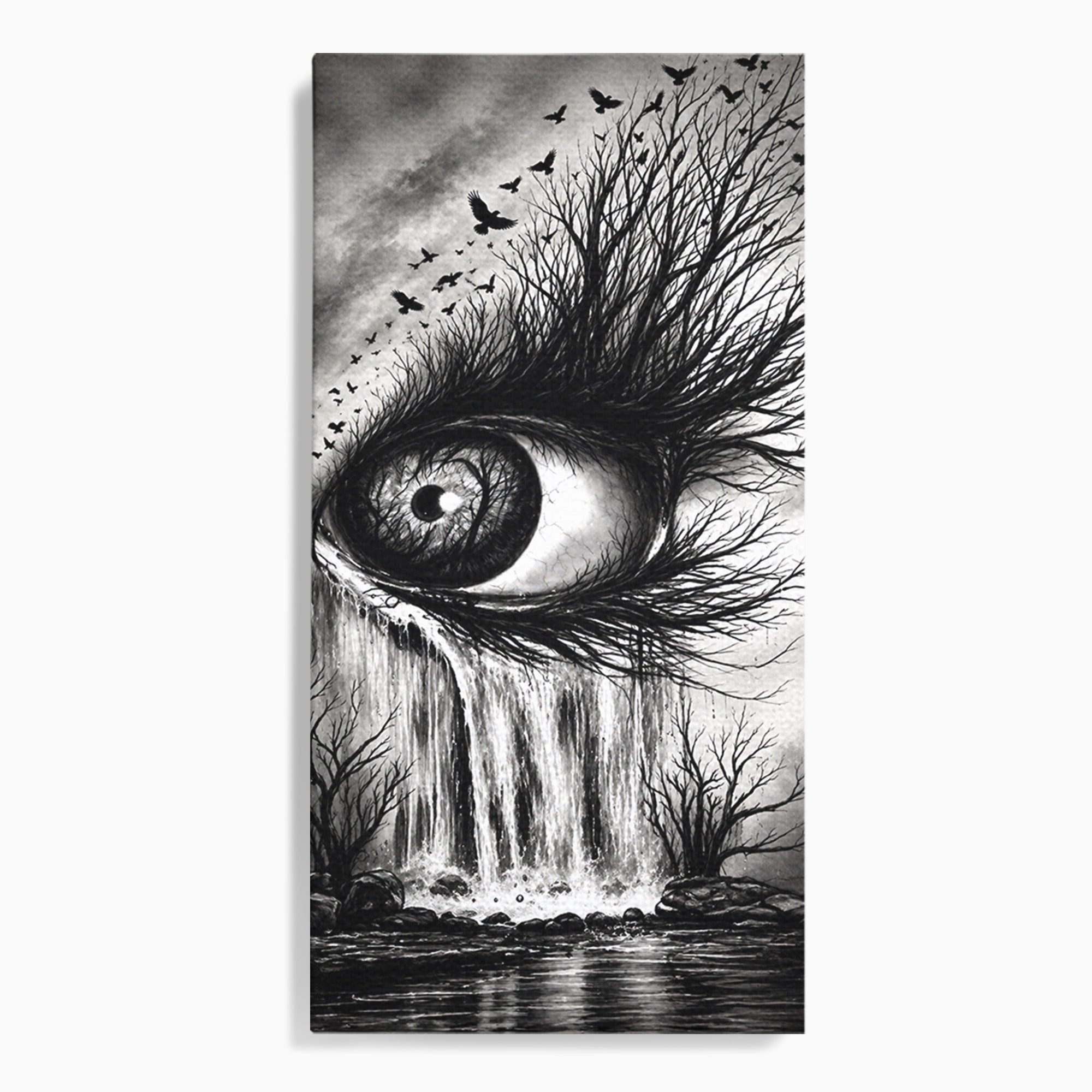 Tablou Canvas Premium LuxCanva® U1021, Privirea Elementelor, Ochi, Copaci, Cascada, Pasari, Living, Culori Vibrante
