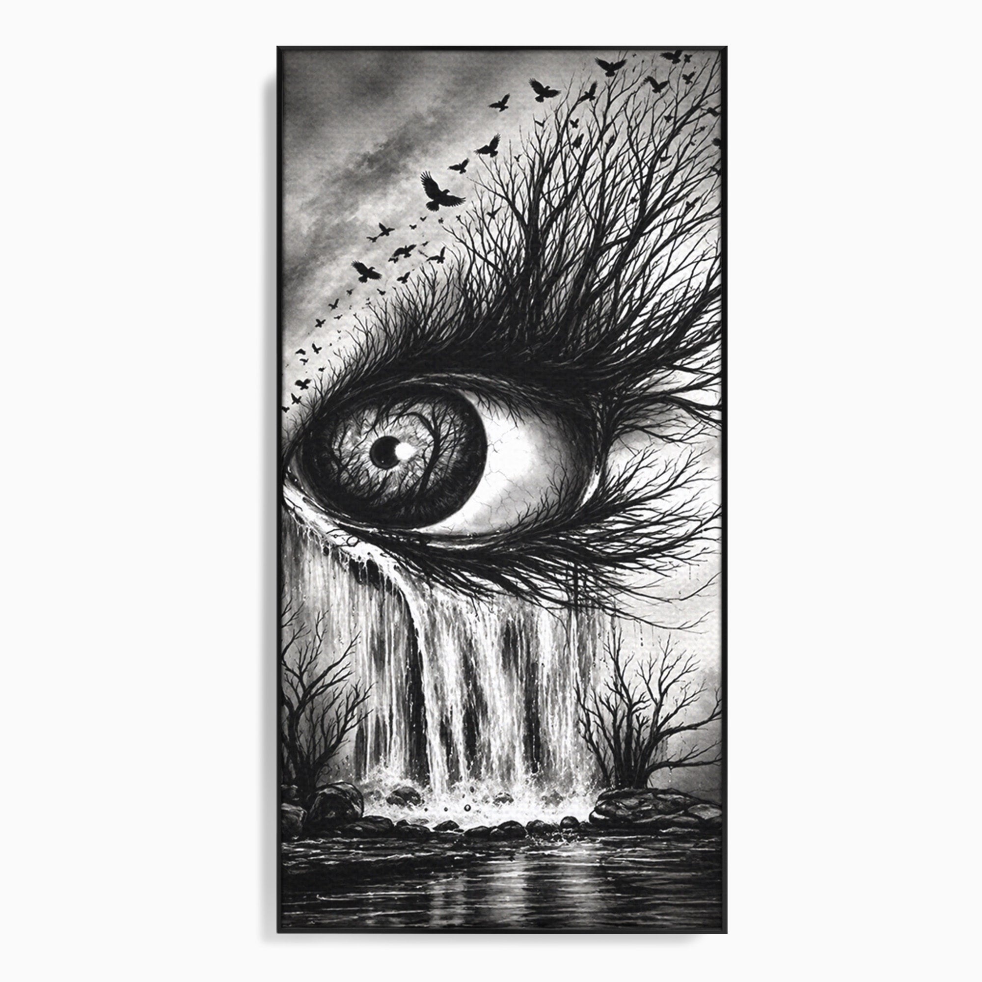 Tablou Canvas Premium LuxCanva® U1021, Privirea Elementelor, Ochi, Copaci, Cascada, Pasari, Living, Culori Vibrante