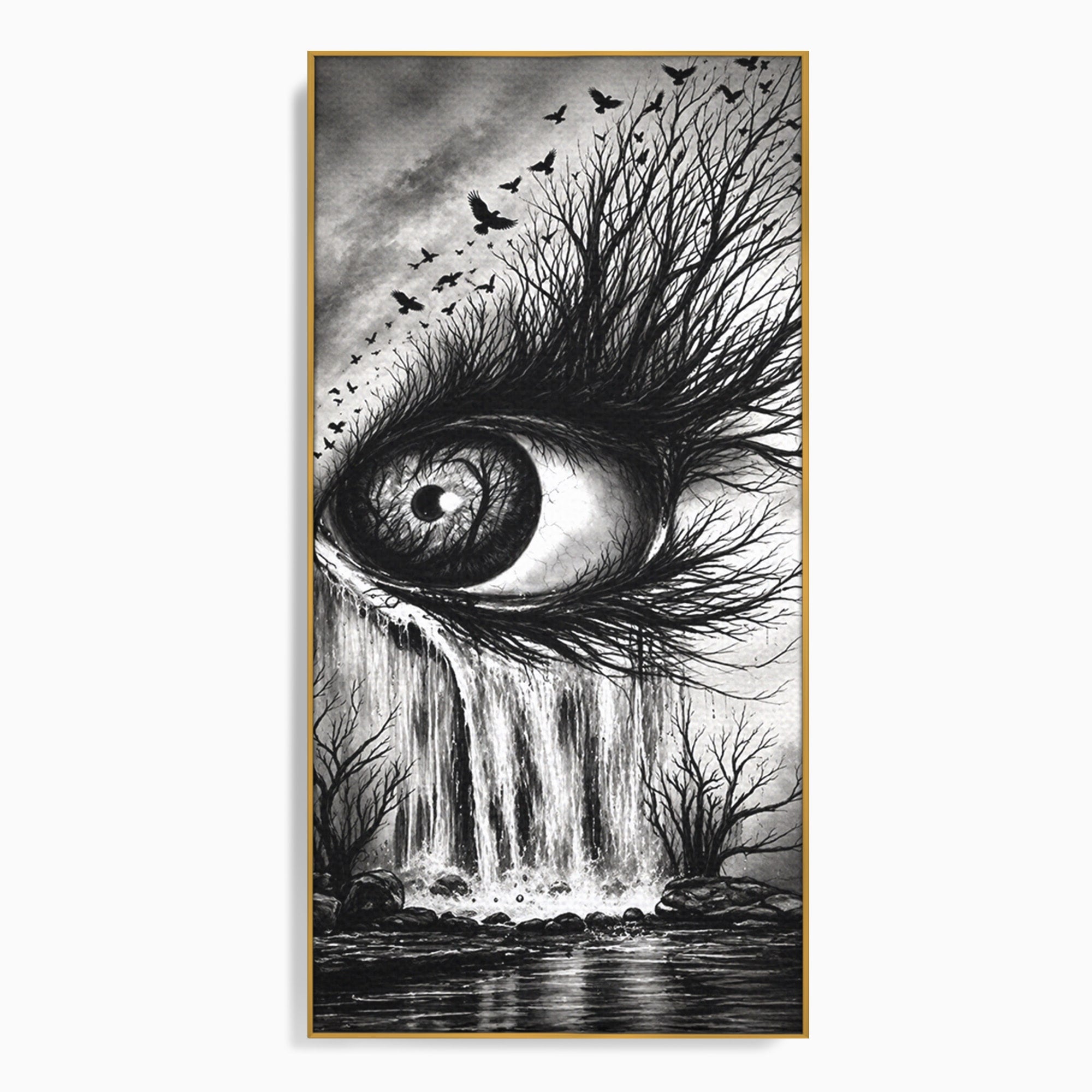Tablou Canvas Premium LuxCanva® U1021, Privirea Elementelor, Ochi, Copaci, Cascada, Pasari, Living, Culori Vibrante