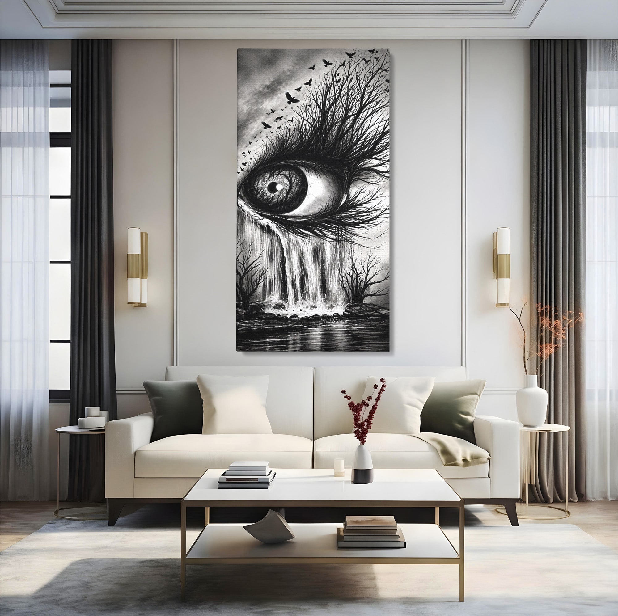 Tablou Canvas Premium LuxCanva® U1021, Privirea Elementelor, Ochi, Copaci, Cascada, Pasari, Living, Culori Vibrante