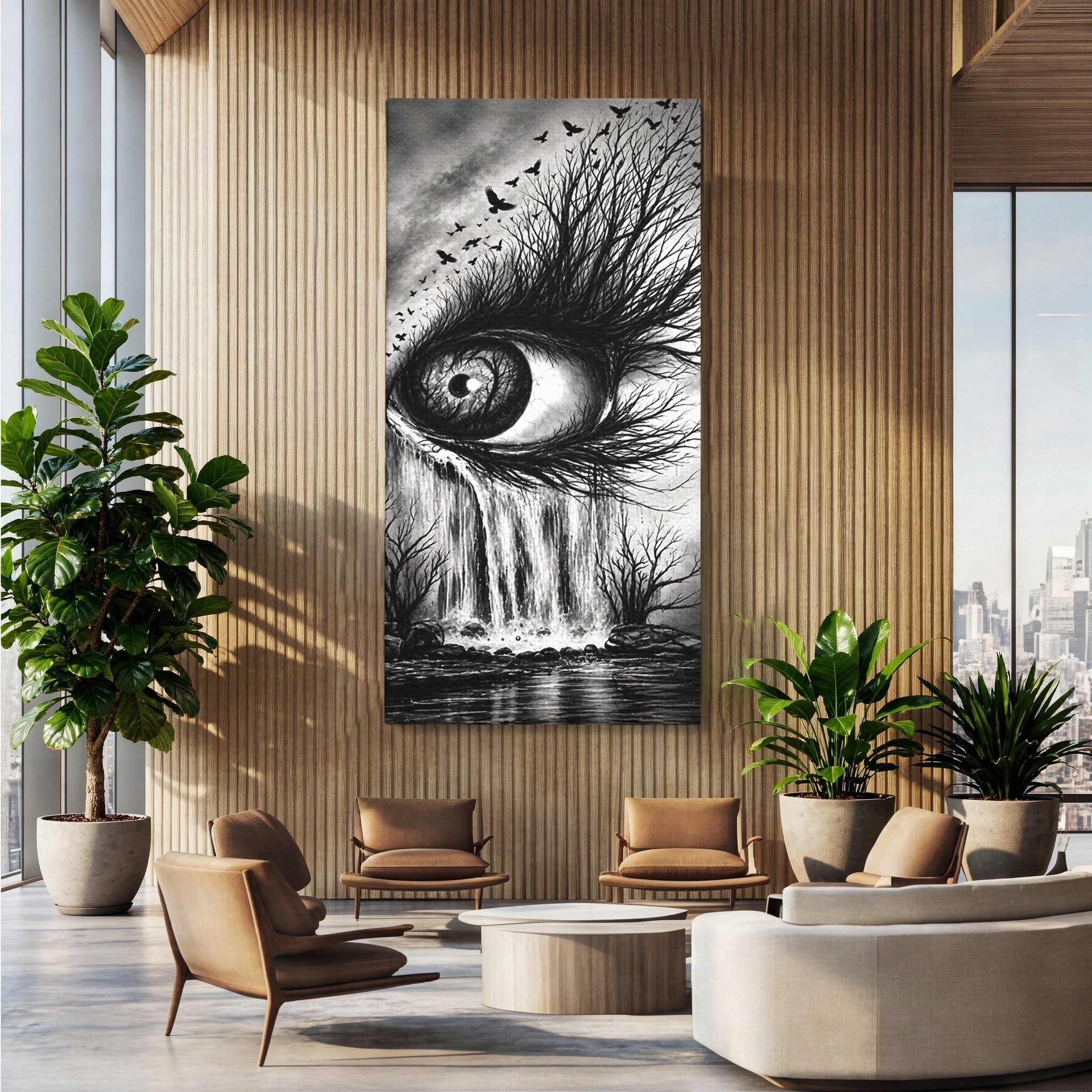 Tablou Canvas Premium LuxCanva® U1021, Privirea Elementelor, Ochi, Copaci, Cascada, Pasari, Living, Culori Vibrante
