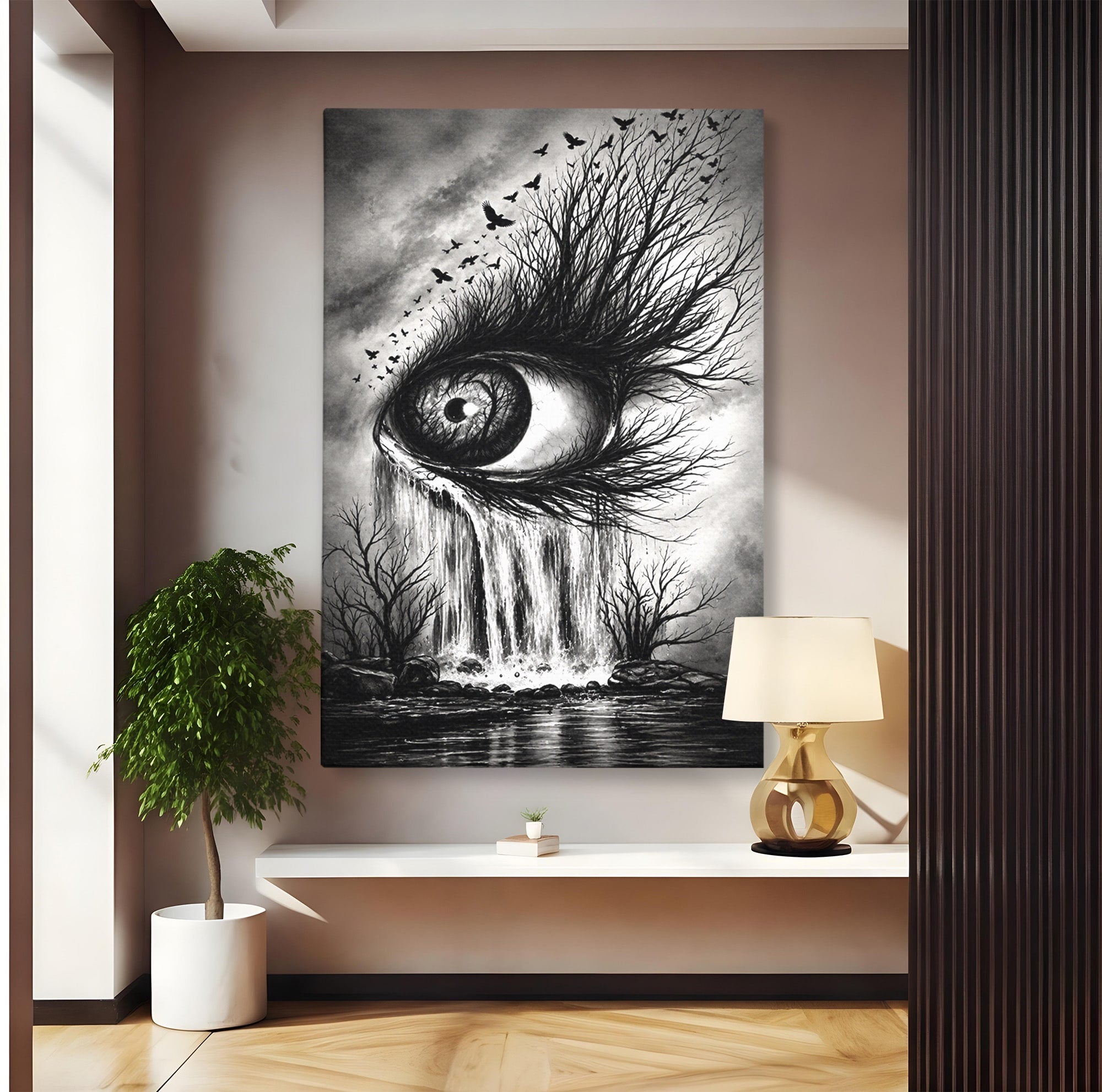 Tablou Canvas Premium LuxCanva® U1021, Privirea Elementelor, Ochi, Copaci, Cascada, Pasari, Living, Culori Vibrante
