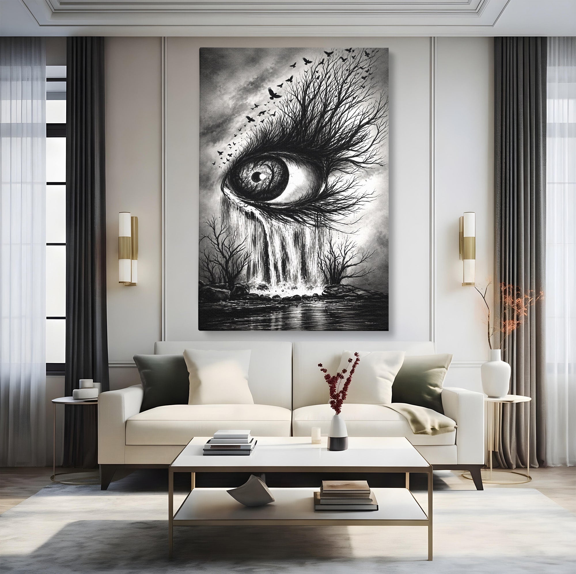 Tablou Canvas Premium LuxCanva® U1021, Privirea Elementelor, Ochi, Copaci, Cascada, Pasari, Living, Culori Vibrante