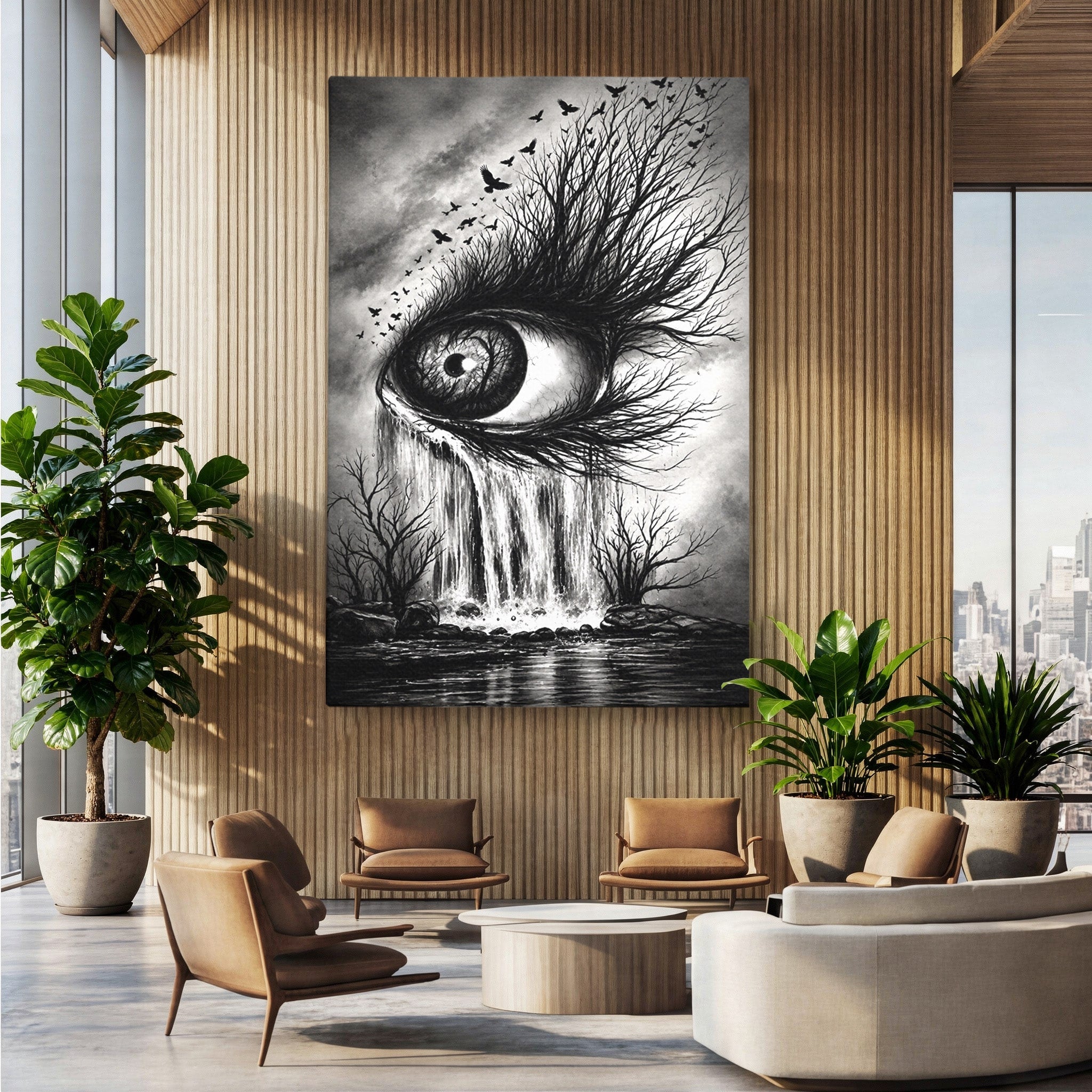 Tablou Canvas Premium LuxCanva® U1021, Privirea Elementelor, Ochi, Copaci, Cascada, Pasari, Living, Culori Vibrante
