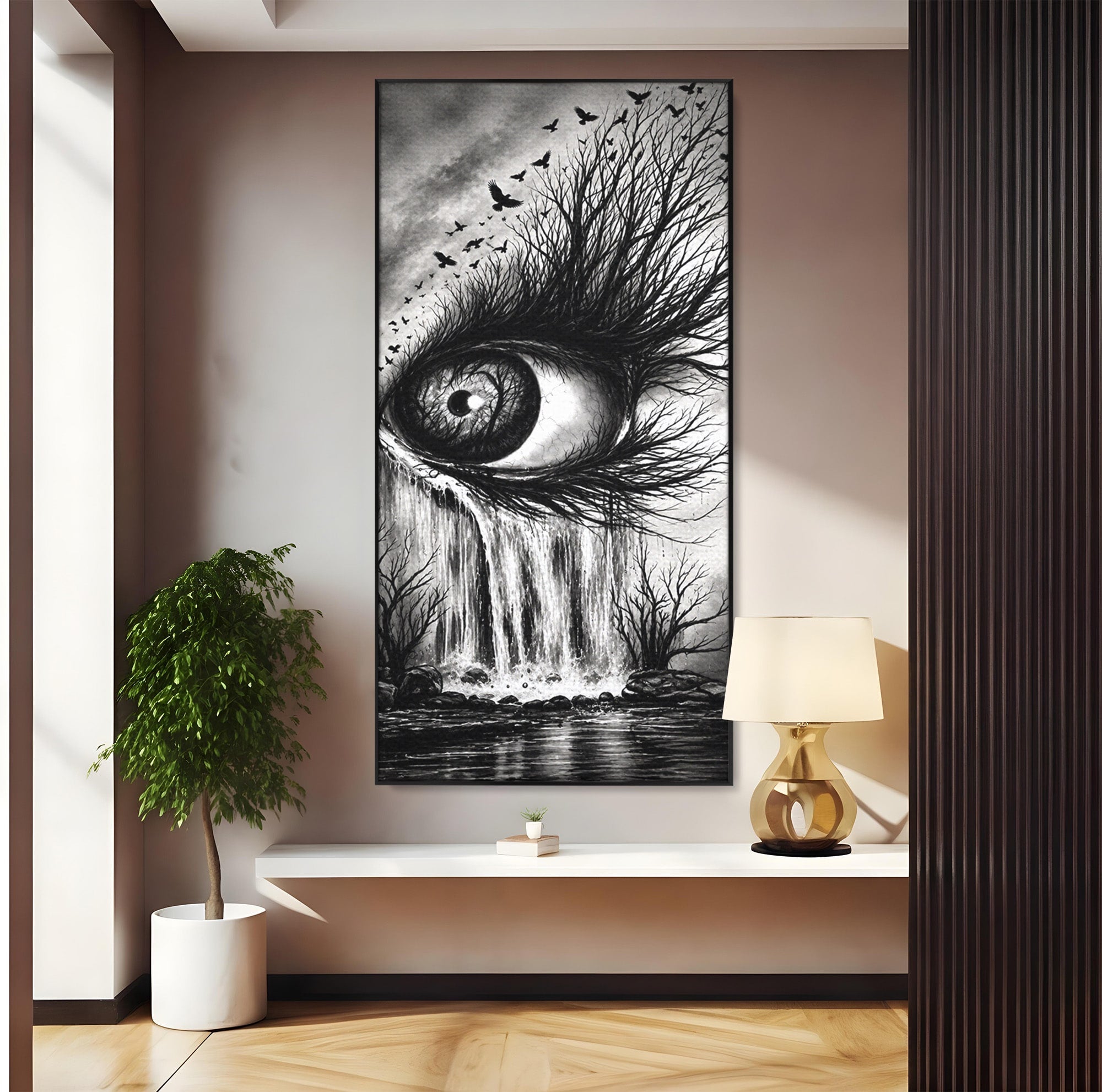 Tablou Canvas Premium LuxCanva® U1021, Privirea Elementelor, Ochi, Copaci, Cascada, Pasari, Living, Culori Vibrante