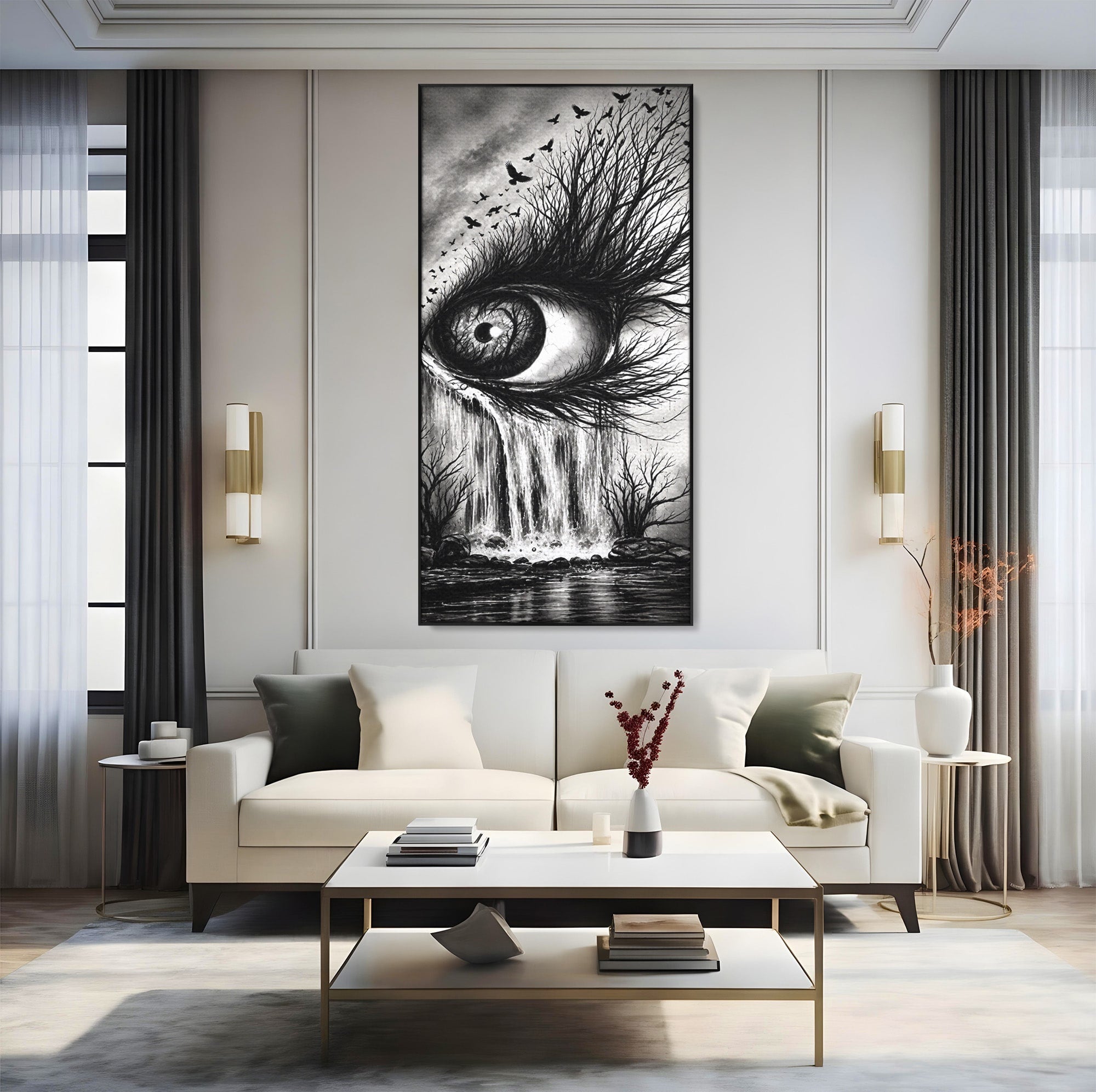 Tablou Canvas Premium LuxCanva® U1021, Privirea Elementelor, Ochi, Copaci, Cascada, Pasari, Living, Culori Vibrante