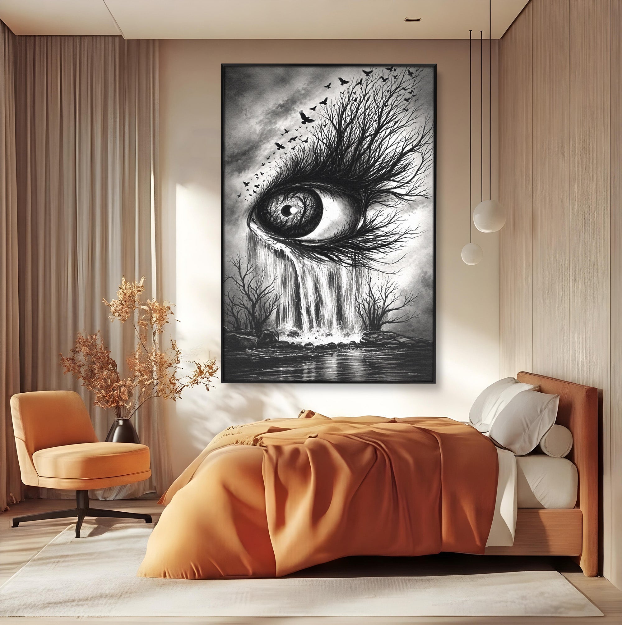 Tablou Canvas Premium LuxCanva® U1021, Privirea Elementelor, Ochi, Copaci, Cascada, Pasari, Living, Culori Vibrante