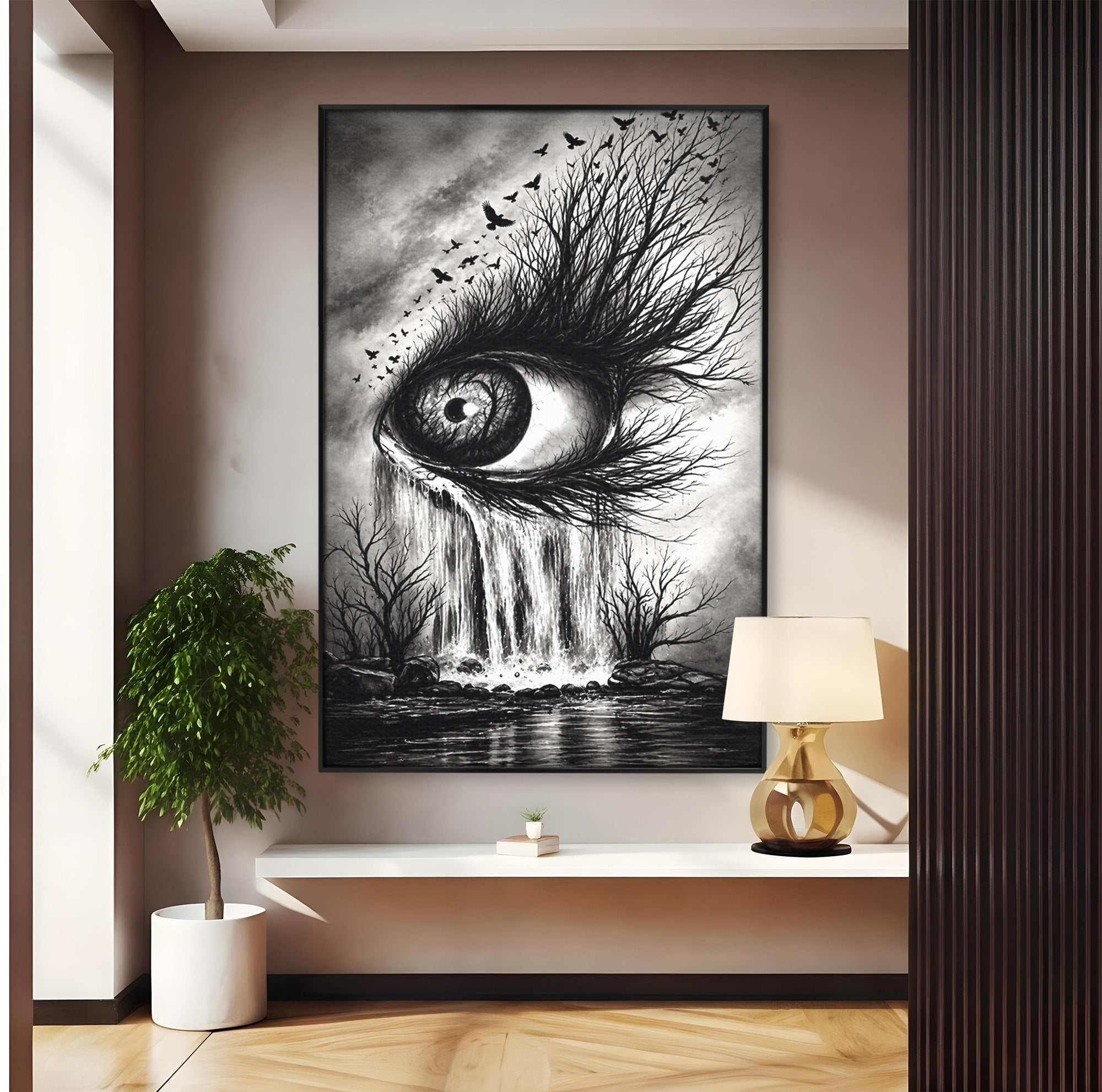 Tablou Canvas Premium LuxCanva® U1021, Privirea Elementelor, Ochi, Copaci, Cascada, Pasari, Living, Culori Vibrante