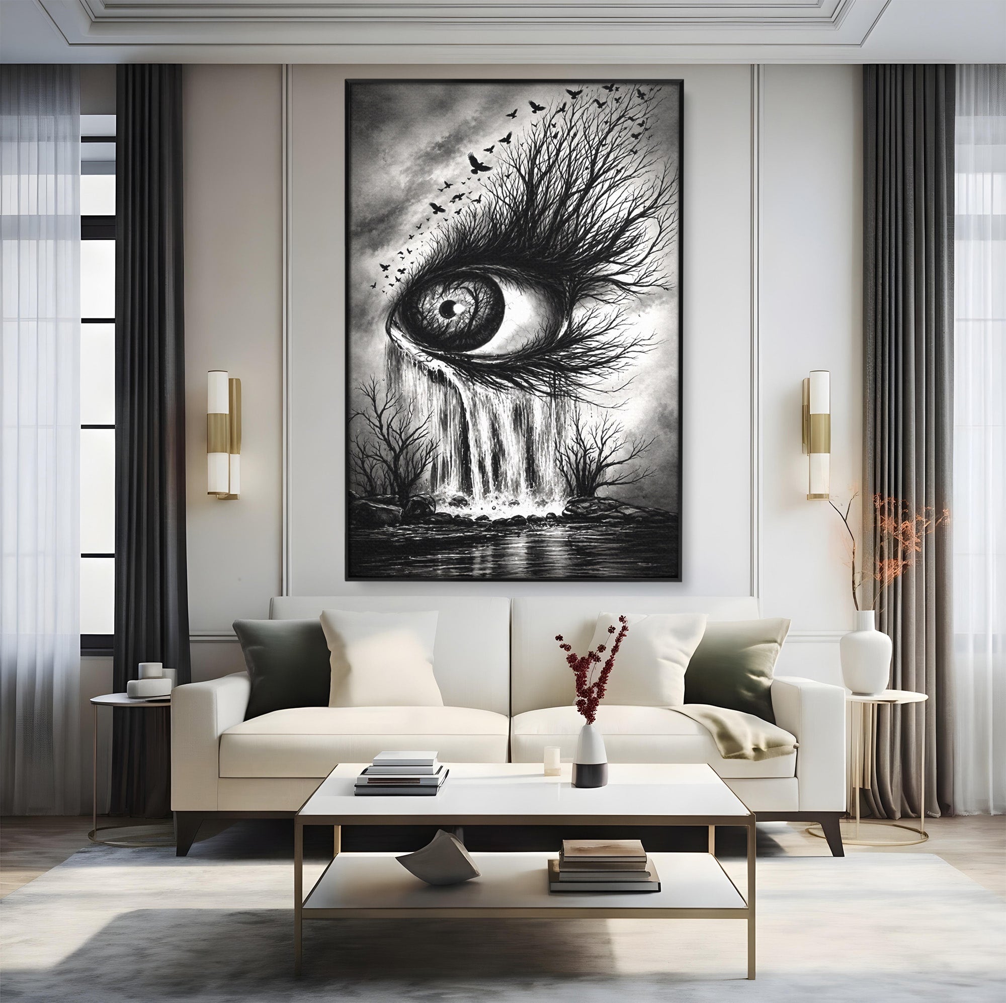 Tablou Canvas Premium LuxCanva® U1021, Privirea Elementelor, Ochi, Copaci, Cascada, Pasari, Living, Culori Vibrante
