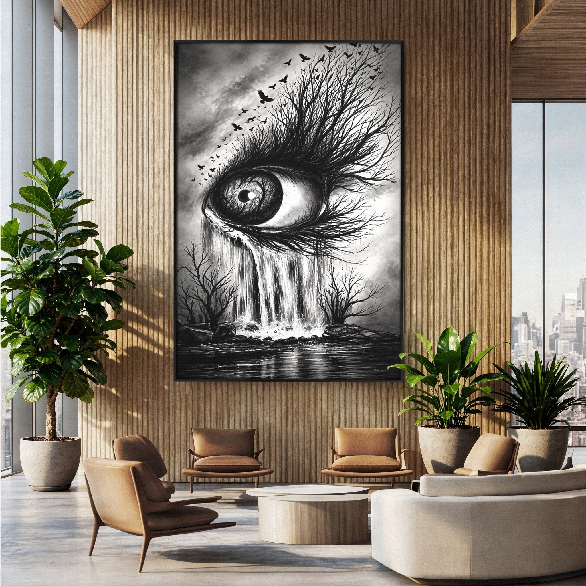 Tablou Canvas Premium LuxCanva® U1021, Privirea Elementelor, Ochi, Copaci, Cascada, Pasari, Living, Culori Vibrante