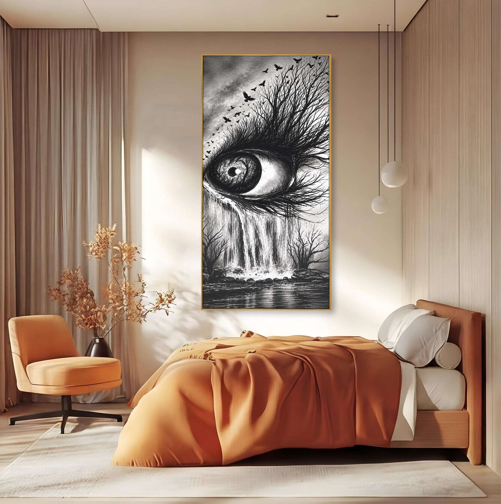 Tablou Canvas Premium LuxCanva® U1021, Privirea Elementelor, Ochi, Copaci, Cascada, Pasari, Living, Culori Vibrante