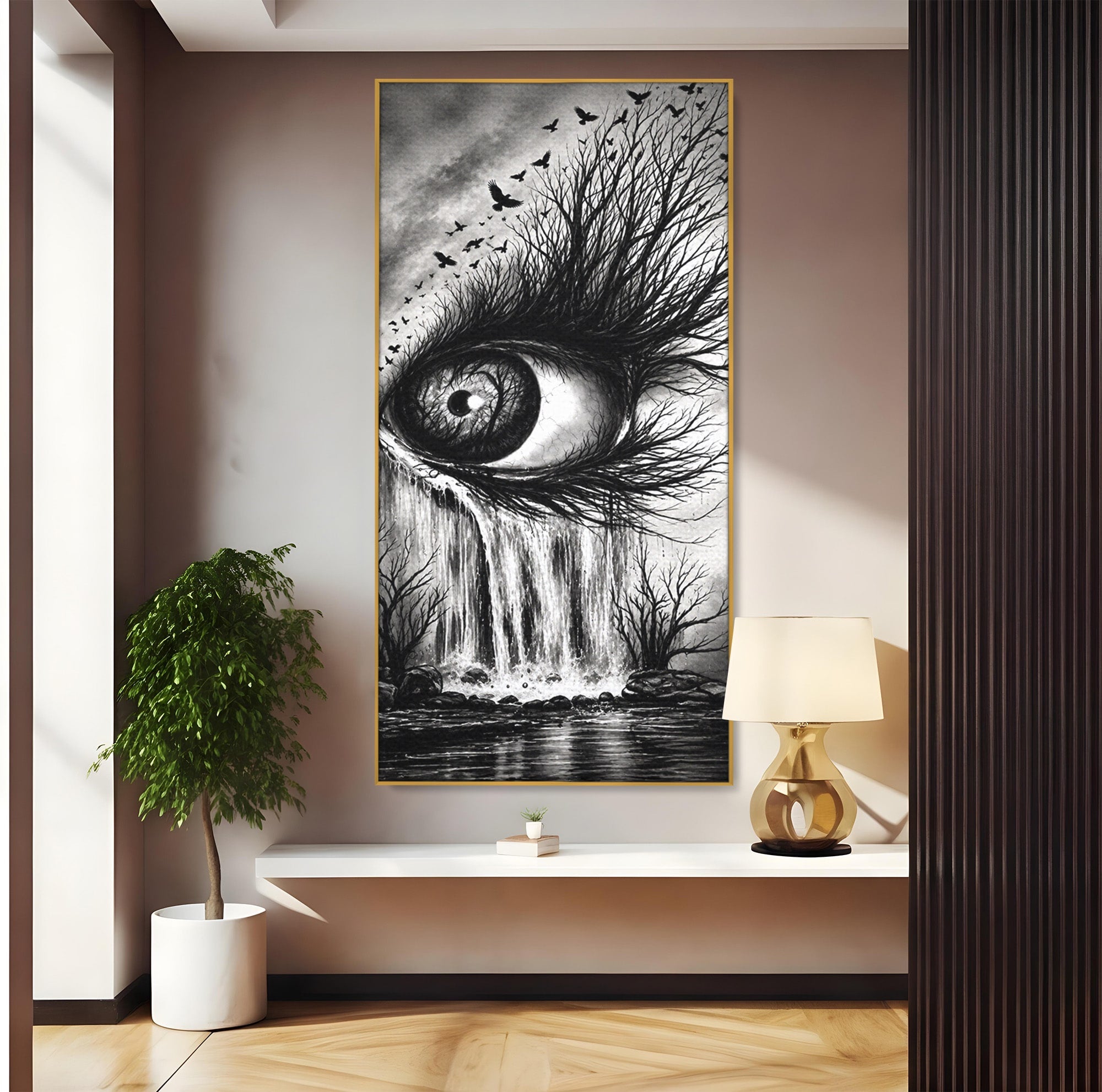 Tablou Canvas Premium LuxCanva® U1021, Privirea Elementelor, Ochi, Copaci, Cascada, Pasari, Living, Culori Vibrante