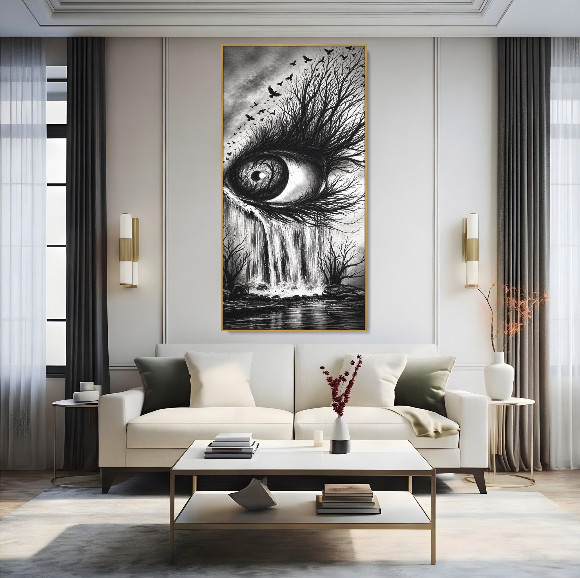 Tablou Canvas Premium LuxCanva® U1021, Privirea Elementelor, Ochi, Copaci, Cascada, Pasari, Living, Culori Vibrante