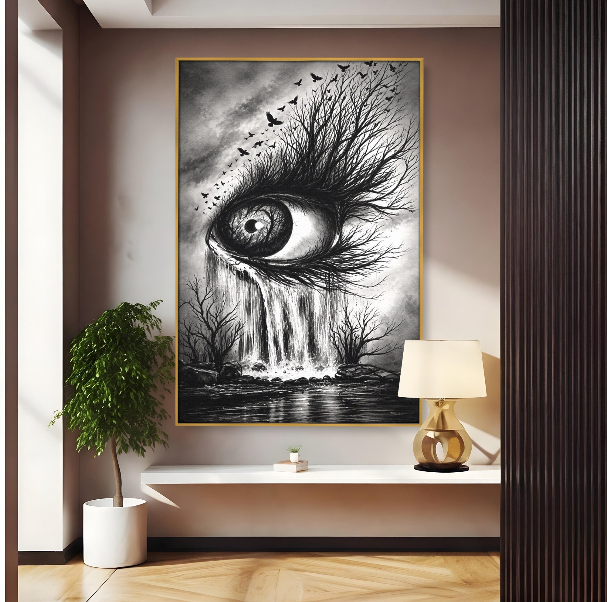 Tablou Canvas Premium LuxCanva® U1021, Privirea Elementelor, Ochi, Copaci, Cascada, Pasari, Living, Culori Vibrante
