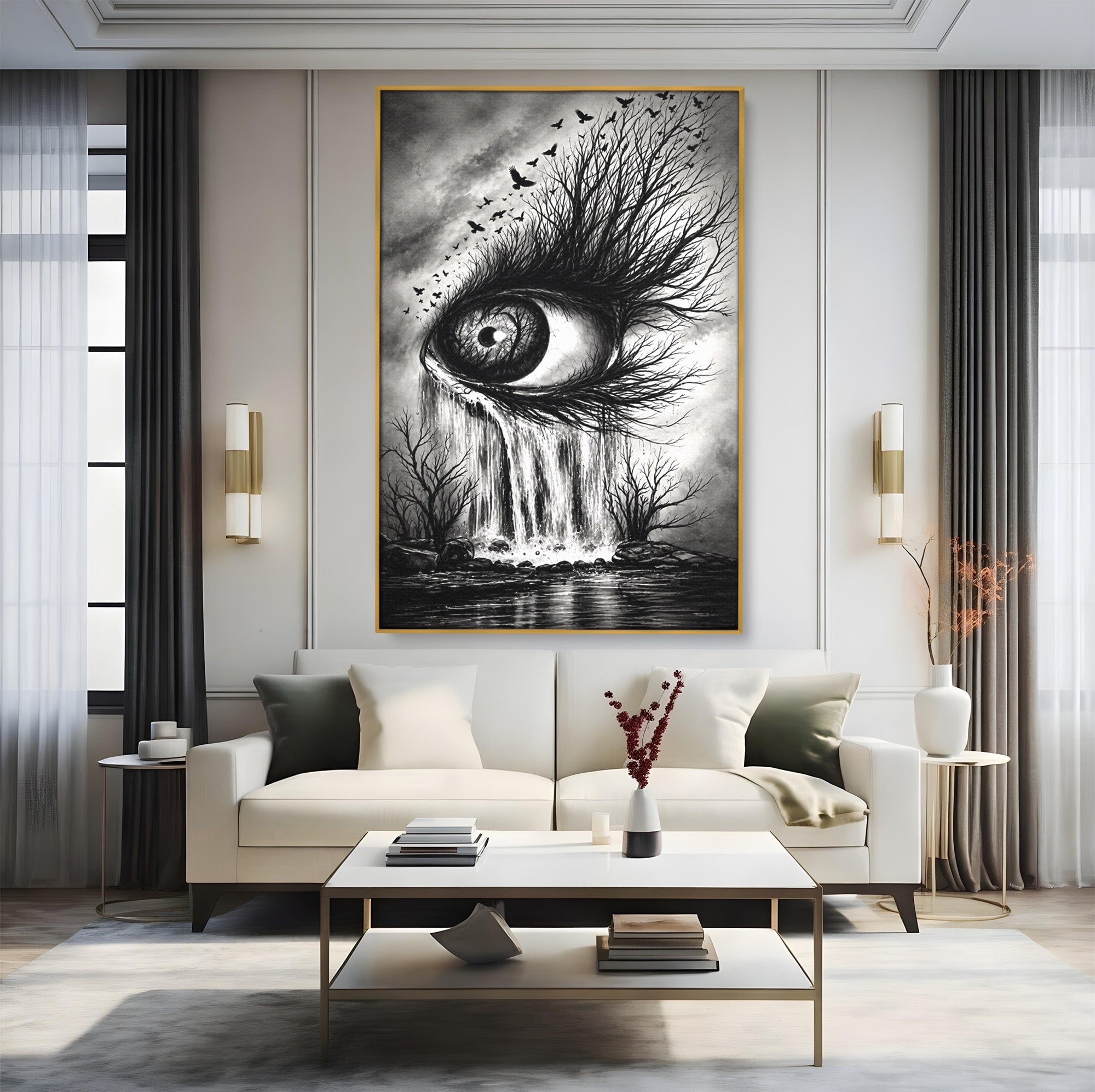 Tablou Canvas Premium LuxCanva® U1021, Privirea Elementelor, Ochi, Copaci, Cascada, Pasari, Living, Culori Vibrante