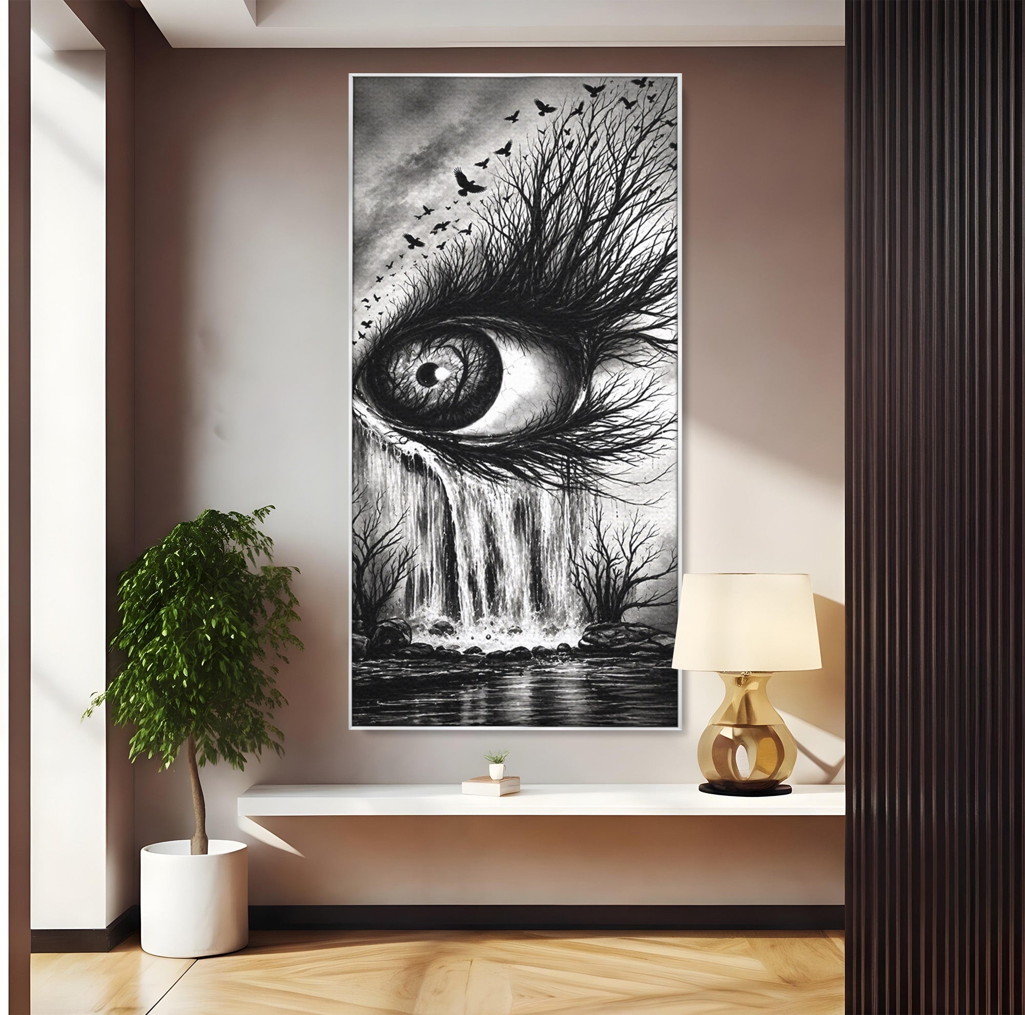 Tablou Canvas Premium LuxCanva® U1021, Privirea Elementelor, Ochi, Copaci, Cascada, Pasari, Living, Culori Vibrante