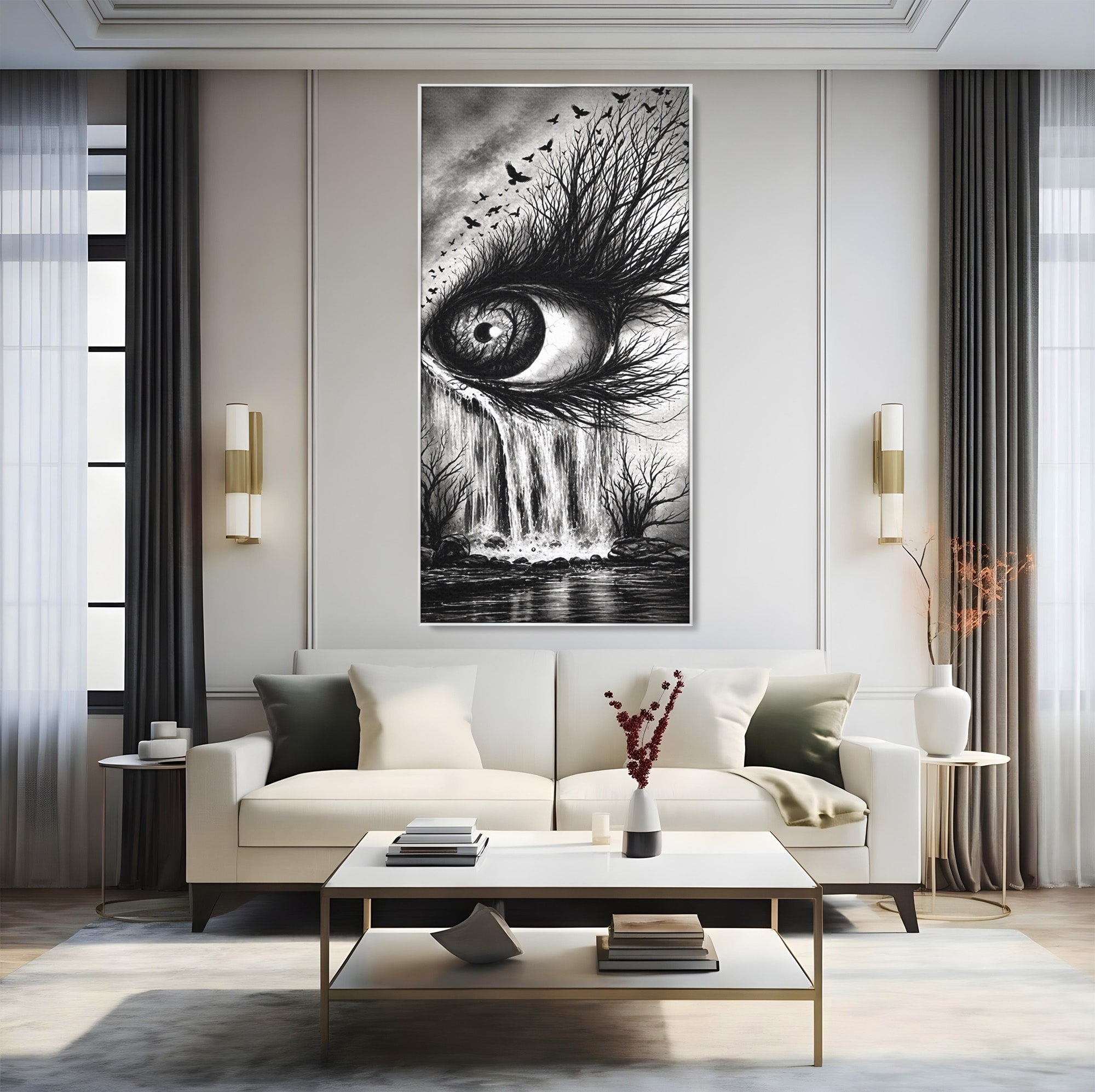 Tablou Canvas Premium LuxCanva® U1021, Privirea Elementelor, Ochi, Copaci, Cascada, Pasari, Living, Culori Vibrante