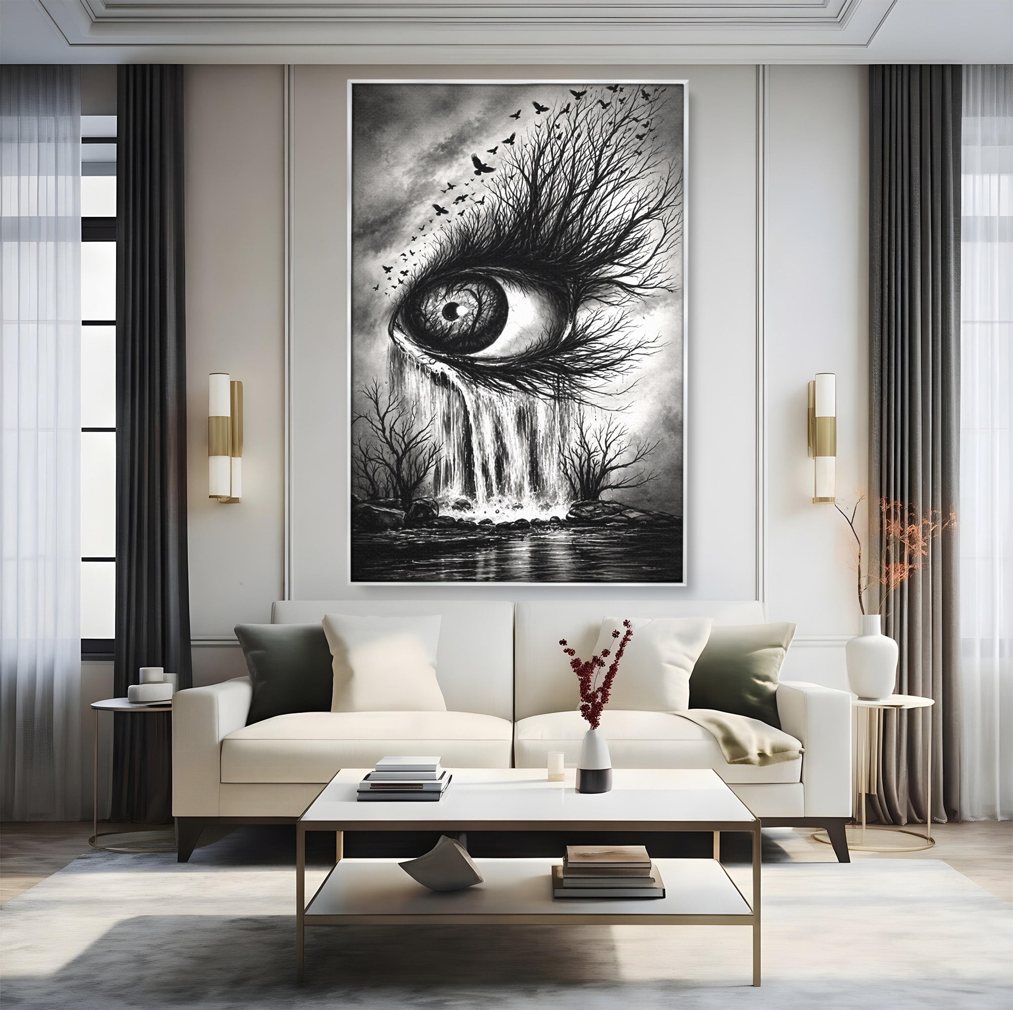 Tablou Canvas Premium LuxCanva® U1021, Privirea Elementelor, Ochi, Copaci, Cascada, Pasari, Living, Culori Vibrante