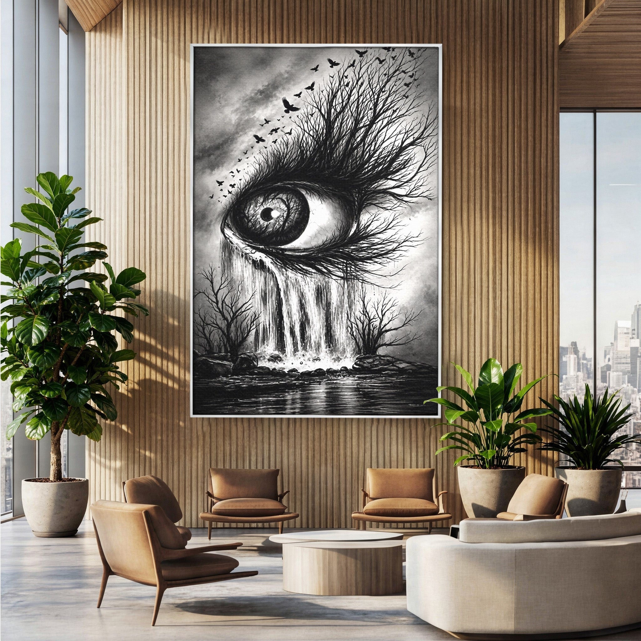 Tablou Canvas Premium LuxCanva® U1021, Privirea Elementelor, Ochi, Copaci, Cascada, Pasari, Living, Culori Vibrante