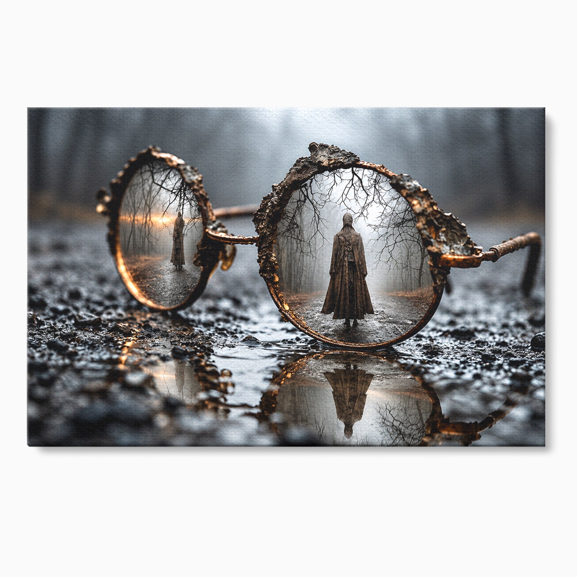Tablou Canvas Premium LuxCanva® U1026, Reflexie Misterioasa, Ochelari, Reflexie, Mister, Padure, Toamna, Fotografie, Dormitor, Culori Vibrante
