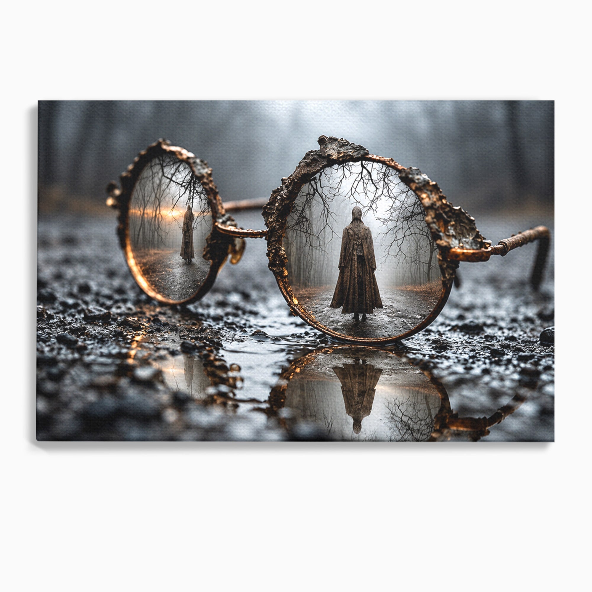 Tablou Canvas Premium LuxCanva® U1026, Reflexie Misterioasa, Ochelari, Reflexie, Mister, Padure, Toamna, Fotografie, Dormitor, Culori Vibrante
