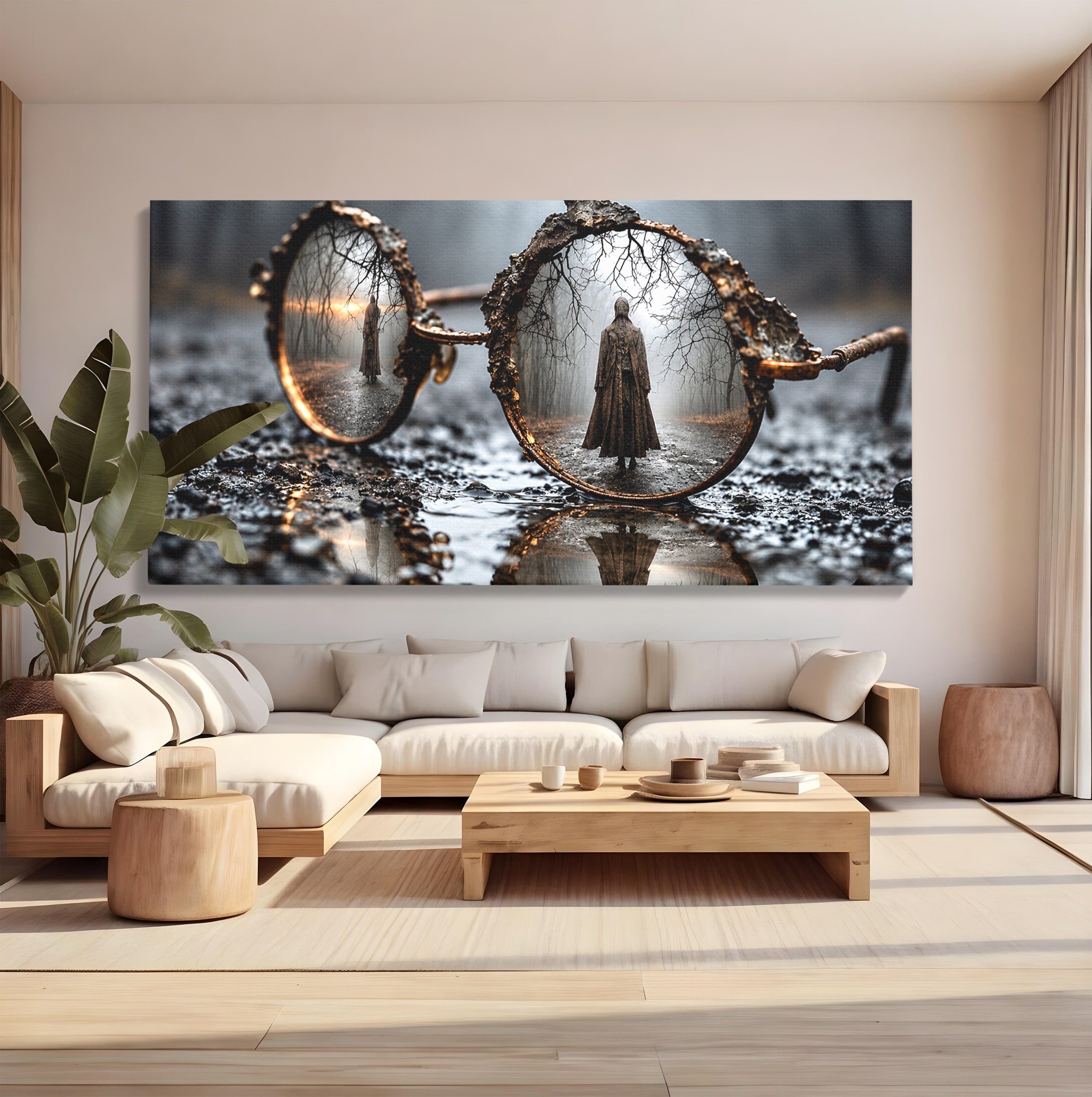 Tablou Canvas Premium LuxCanva® U1026, Reflexie Misterioasa, Ochelari, Reflexie, Mister, Padure, Toamna, Fotografie, Dormitor, Culori Vibrante