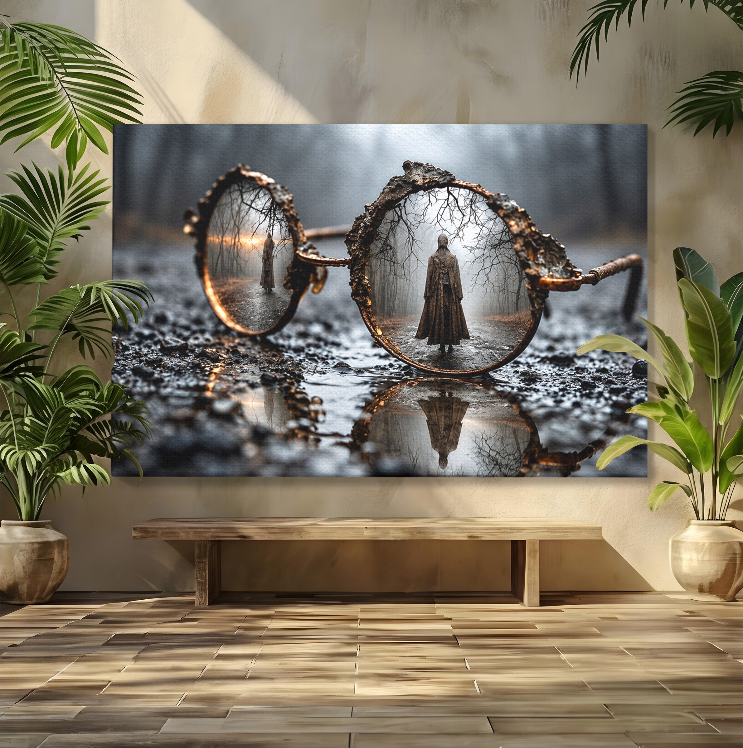 Tablou Canvas Premium LuxCanva® U1026, Reflexie Misterioasa, Ochelari, Reflexie, Mister, Padure, Toamna, Fotografie, Dormitor, Culori Vibrante