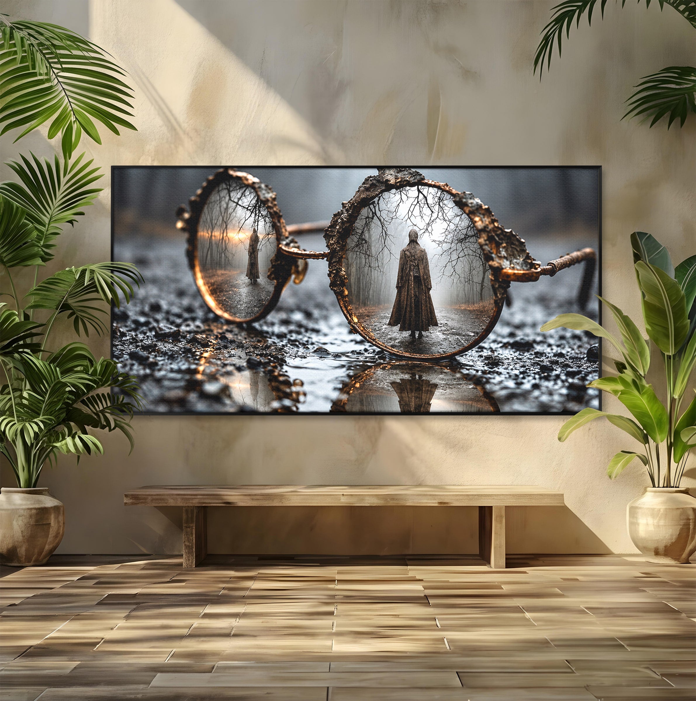 Tablou Canvas Premium LuxCanva® U1026, Reflexie Misterioasa, Ochelari, Reflexie, Mister, Padure, Toamna, Fotografie, Dormitor, Culori Vibrante