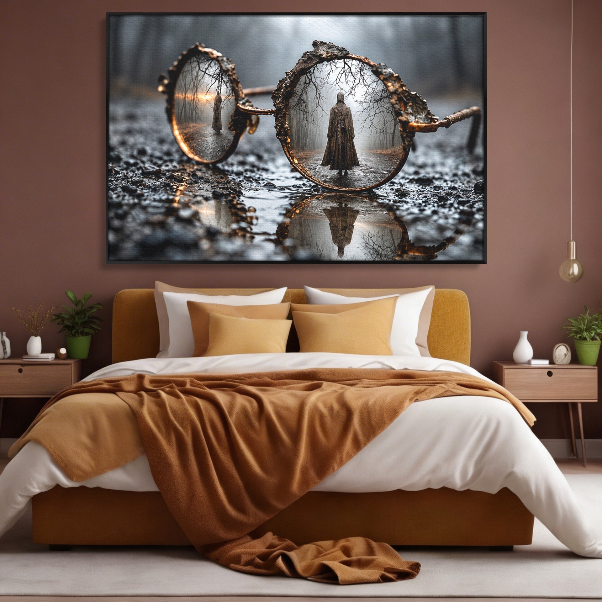 Tablou Canvas Premium LuxCanva® U1026, Reflexie Misterioasa, Ochelari, Reflexie, Mister, Padure, Toamna, Fotografie, Dormitor, Culori Vibrante