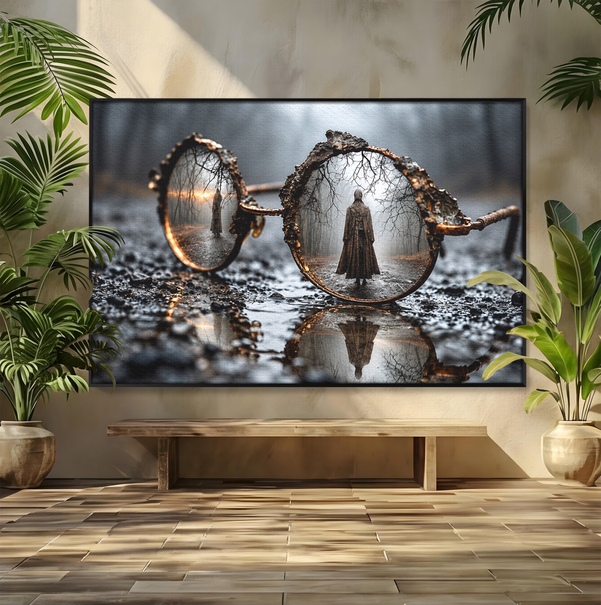 Tablou Canvas Premium LuxCanva® U1026, Reflexie Misterioasa, Ochelari, Reflexie, Mister, Padure, Toamna, Fotografie, Dormitor, Culori Vibrante