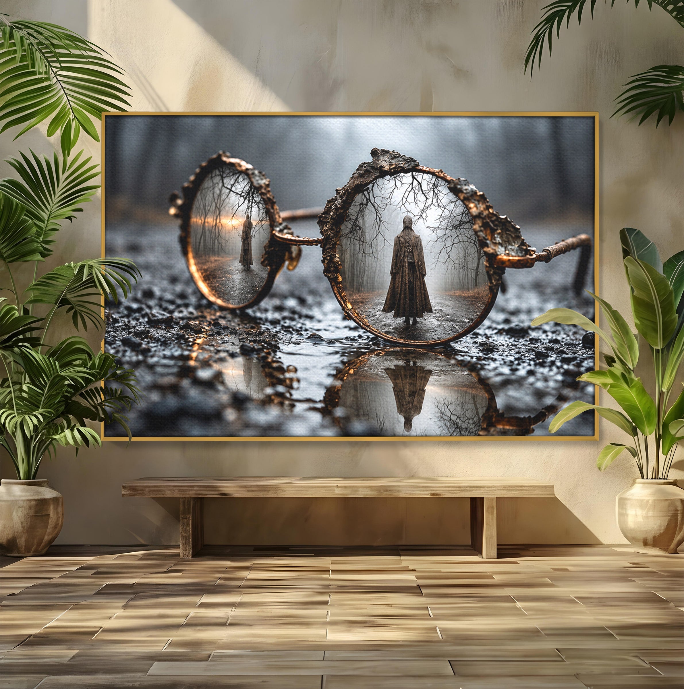 Tablou Canvas Premium LuxCanva® U1026, Reflexie Misterioasa, Ochelari, Reflexie, Mister, Padure, Toamna, Fotografie, Dormitor, Culori Vibrante