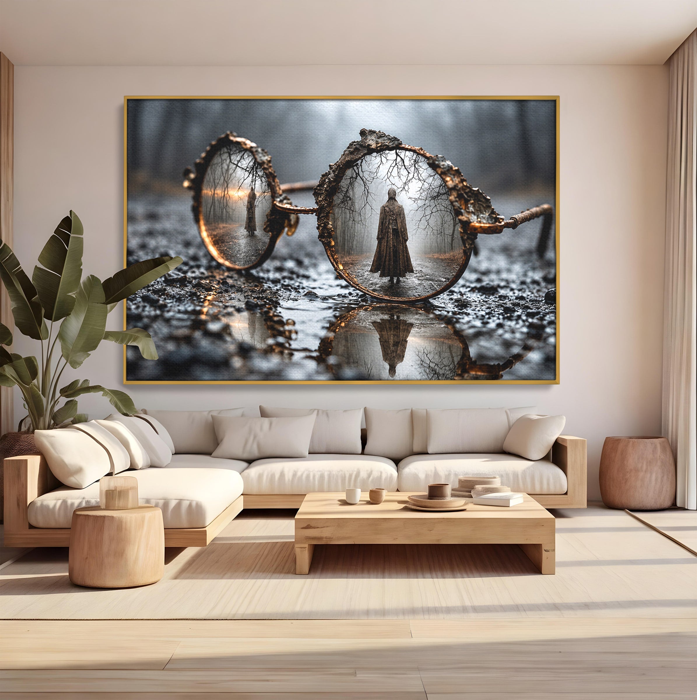 Tablou Canvas Premium LuxCanva® U1026, Reflexie Misterioasa, Ochelari, Reflexie, Mister, Padure, Toamna, Fotografie, Dormitor, Culori Vibrante