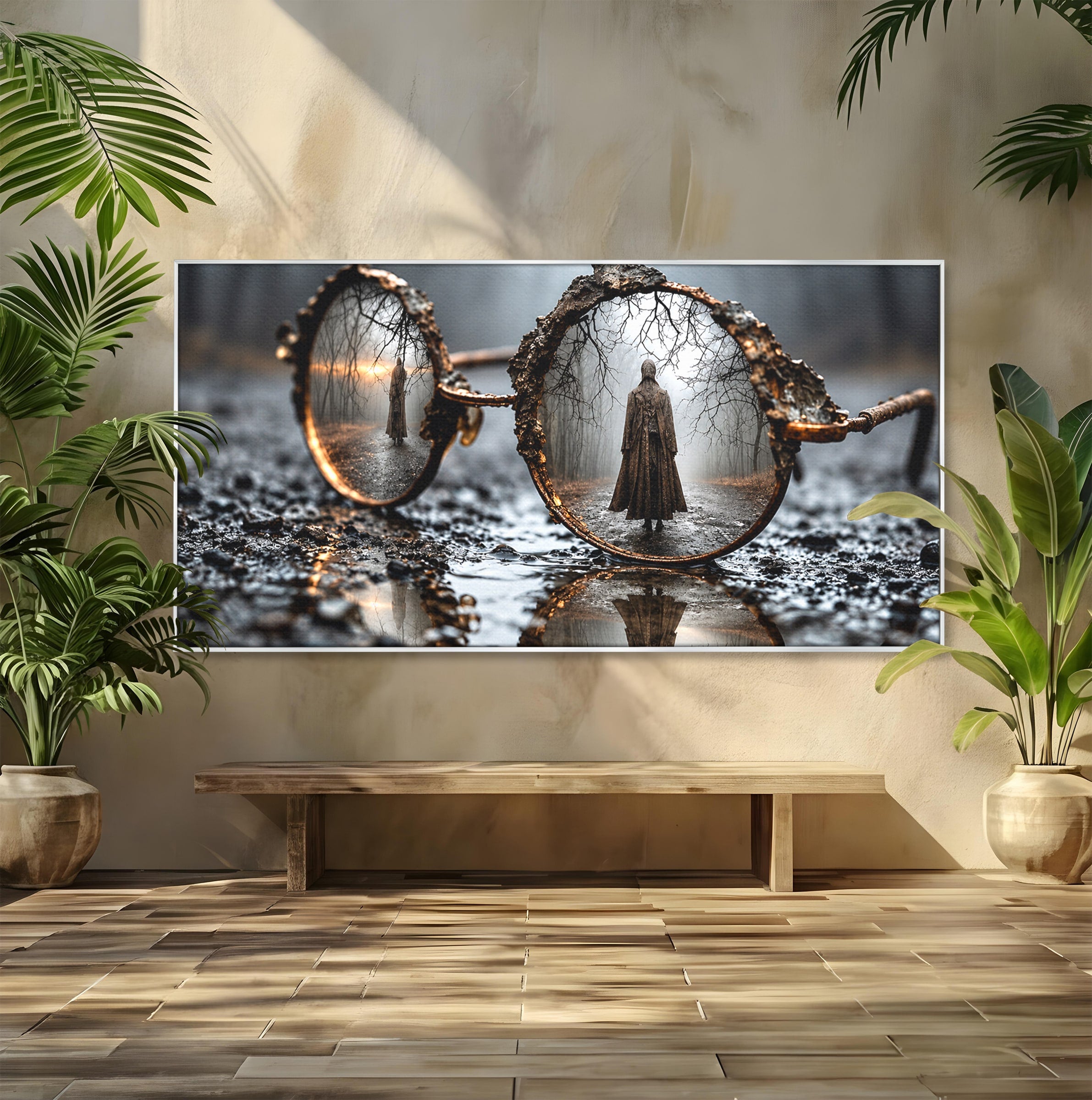 Tablou Canvas Premium LuxCanva® U1026, Reflexie Misterioasa, Ochelari, Reflexie, Mister, Padure, Toamna, Fotografie, Dormitor, Culori Vibrante