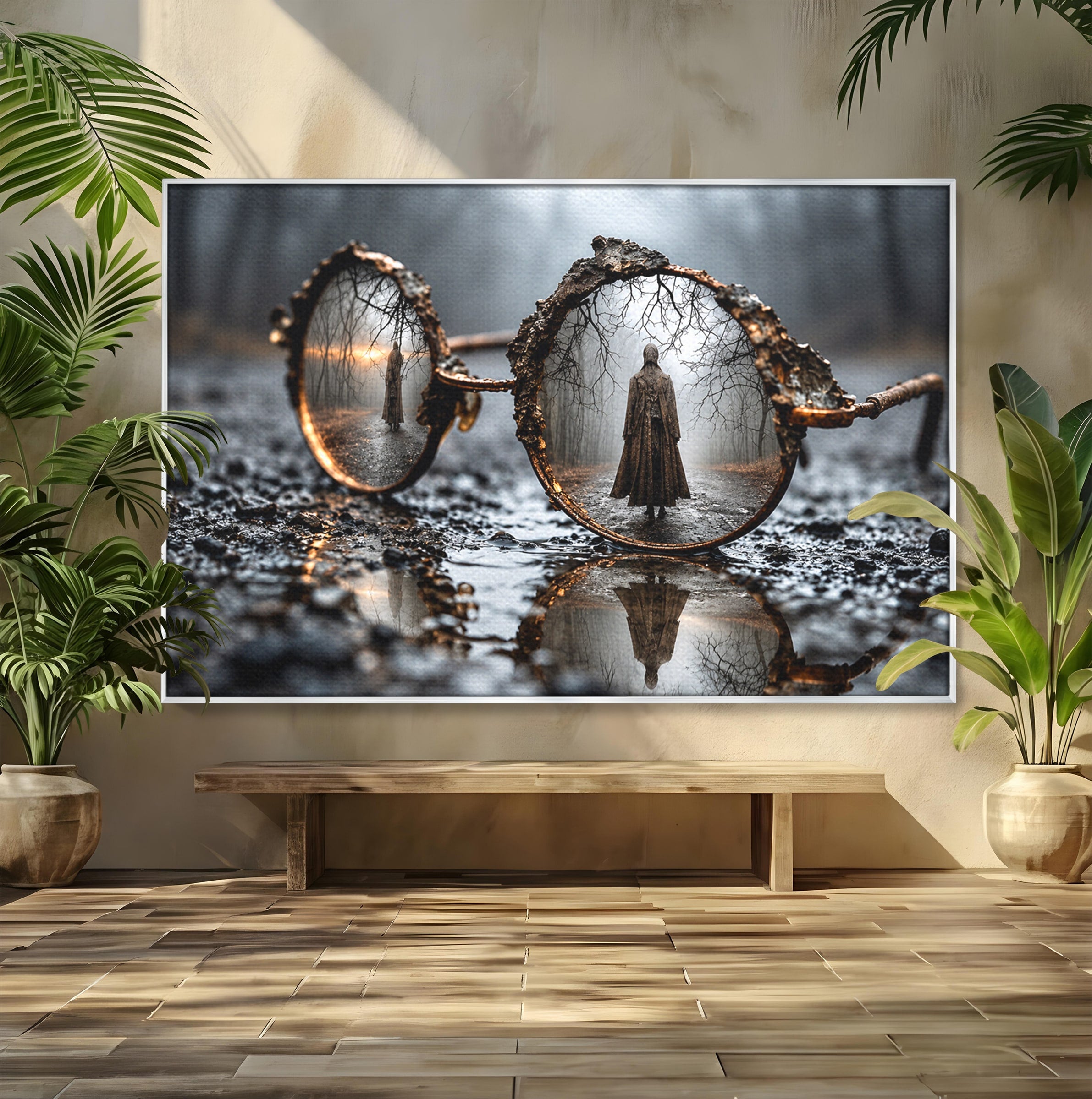 Tablou Canvas Premium LuxCanva® U1026, Reflexie Misterioasa, Ochelari, Reflexie, Mister, Padure, Toamna, Fotografie, Dormitor, Culori Vibrante