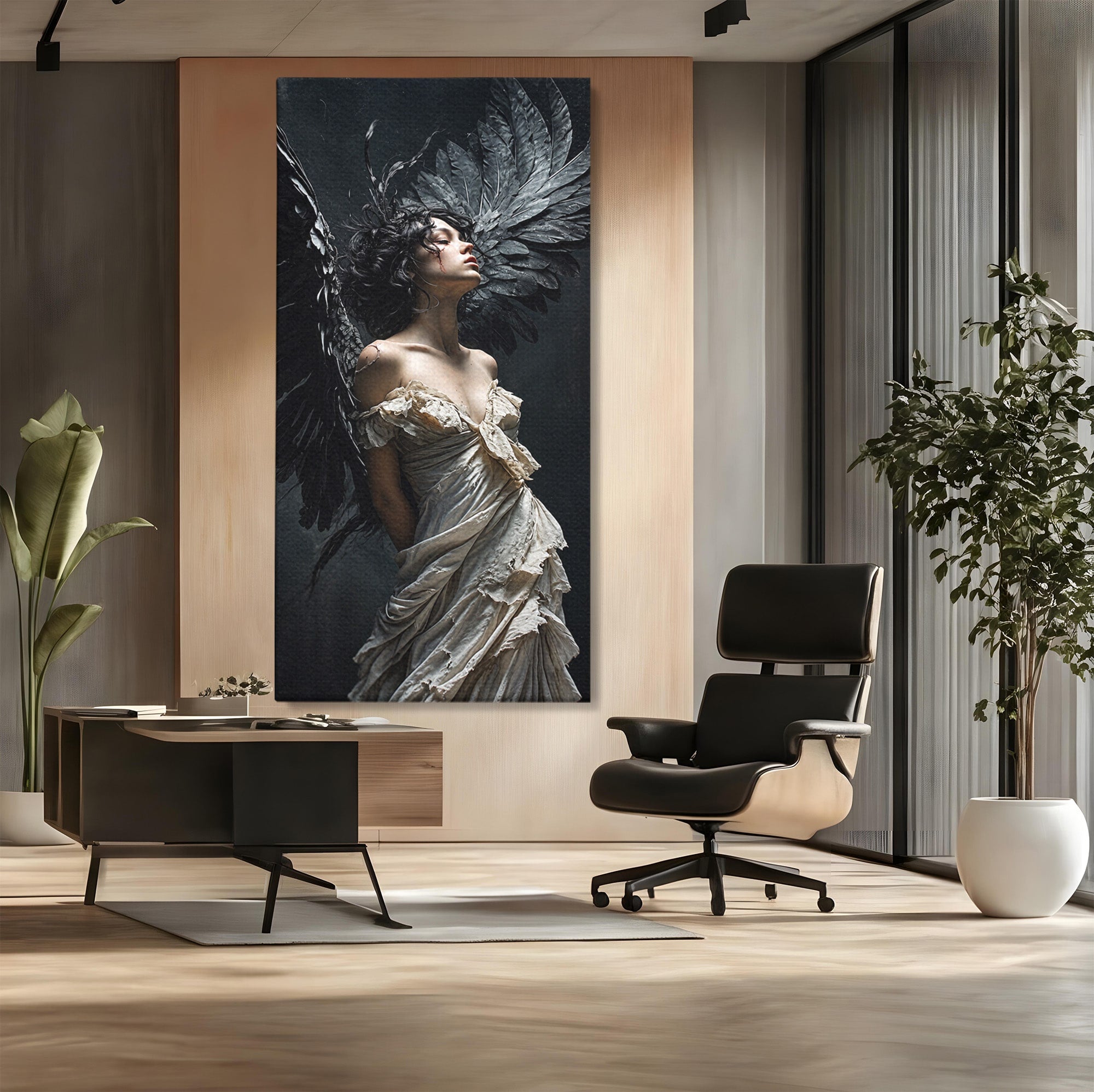 Tablou Canvas Premium LuxCanva® U1028, Ingerul Intunecat,  Aripi, Eleganta, Mister, Inger, Dormitor, Culori Vibrante